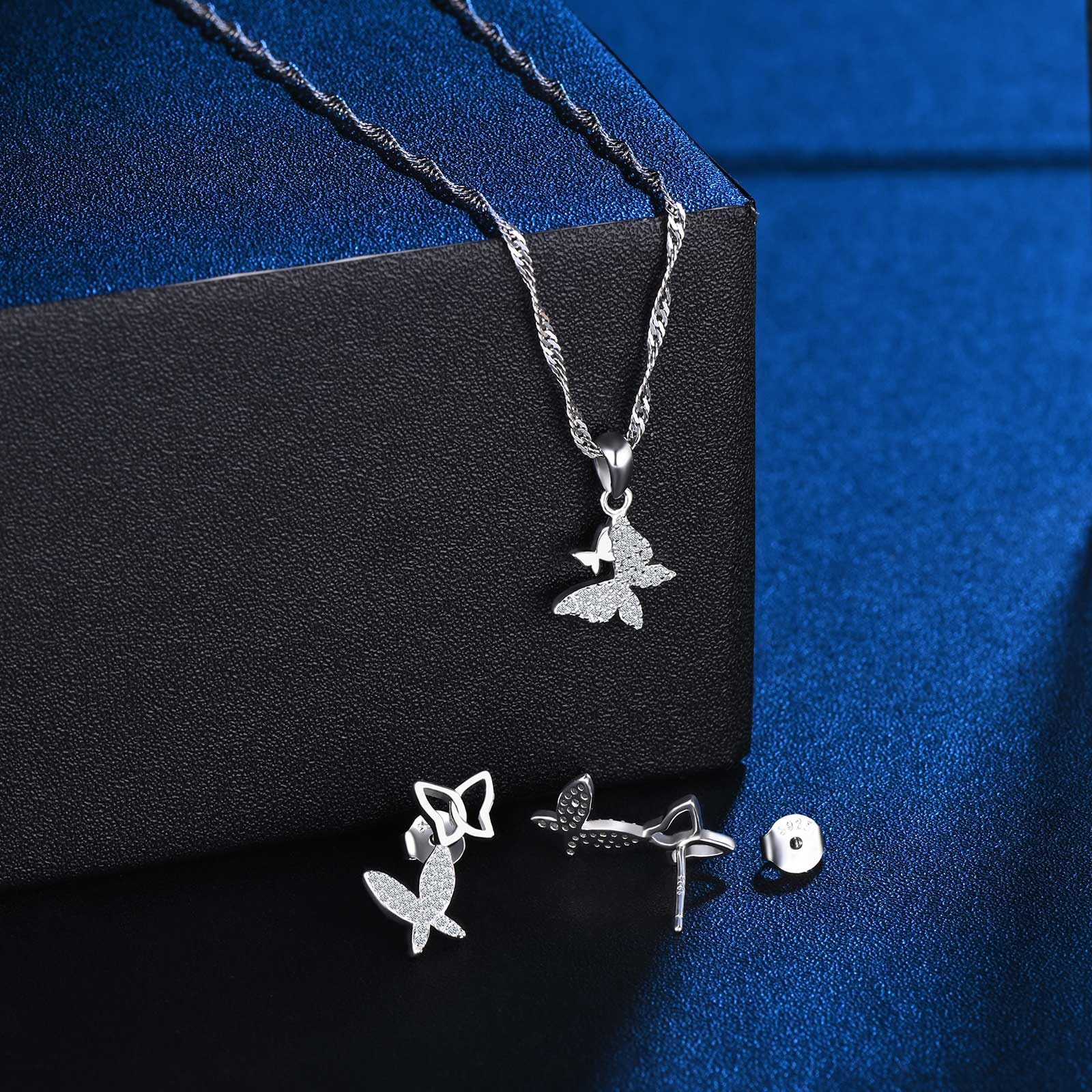 2 PCS Joyas Conjunto de Collar y Pendientes de Mariposas en Plata de Ley 925 con Circonitas, Pendientes Trepadores de Mariposas, Collar Colgante Mariposas para Mujer Niña