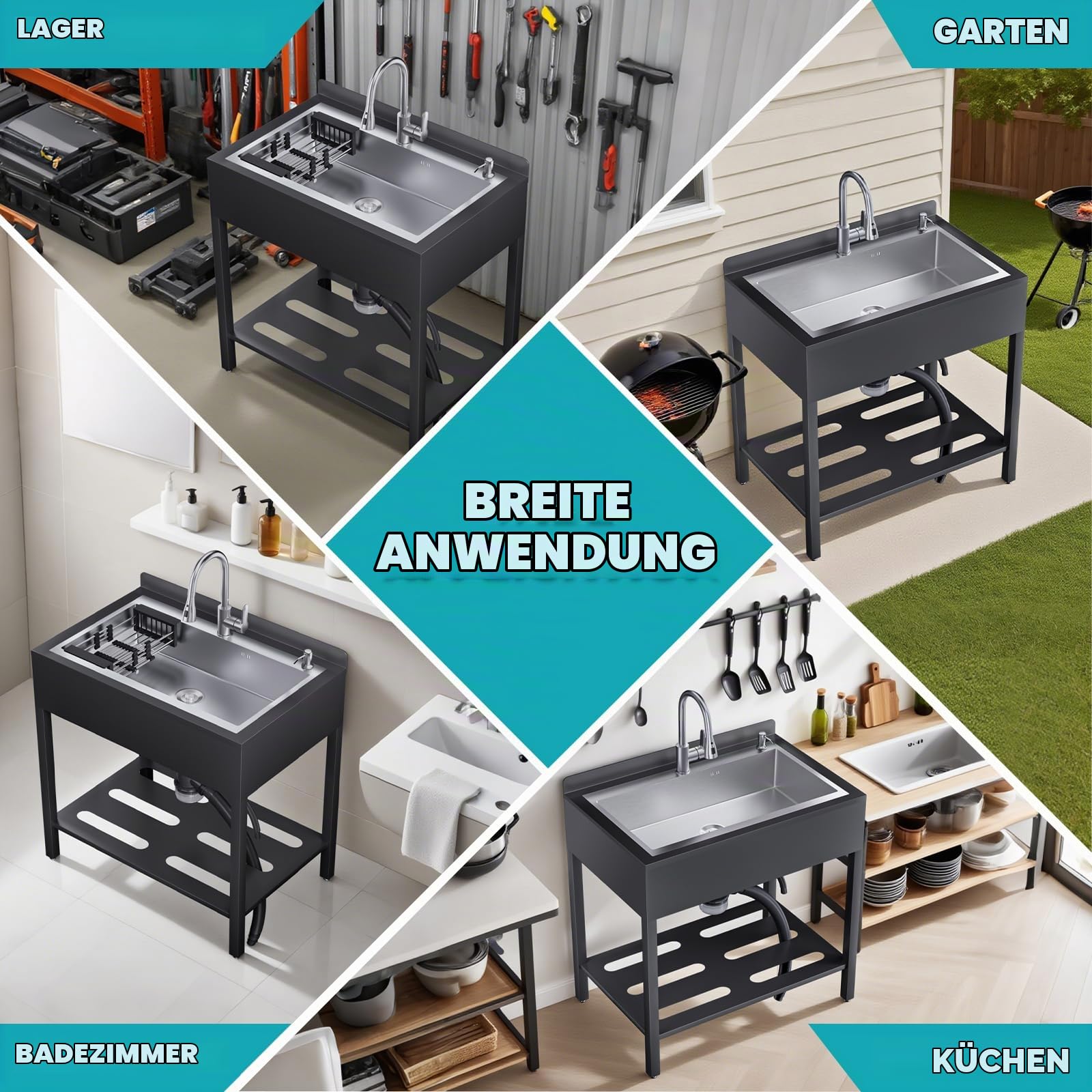 Freistehende Edelstahl Waschspüle für Außenbereich, Spülbecken Küchen Spüle mit Abtropfschale & Ausziehbarem Wasserhahn & Kalt-Warmwasserrohre, Kitchen Sink Handwaschspüle für Küche, Garage, Garten