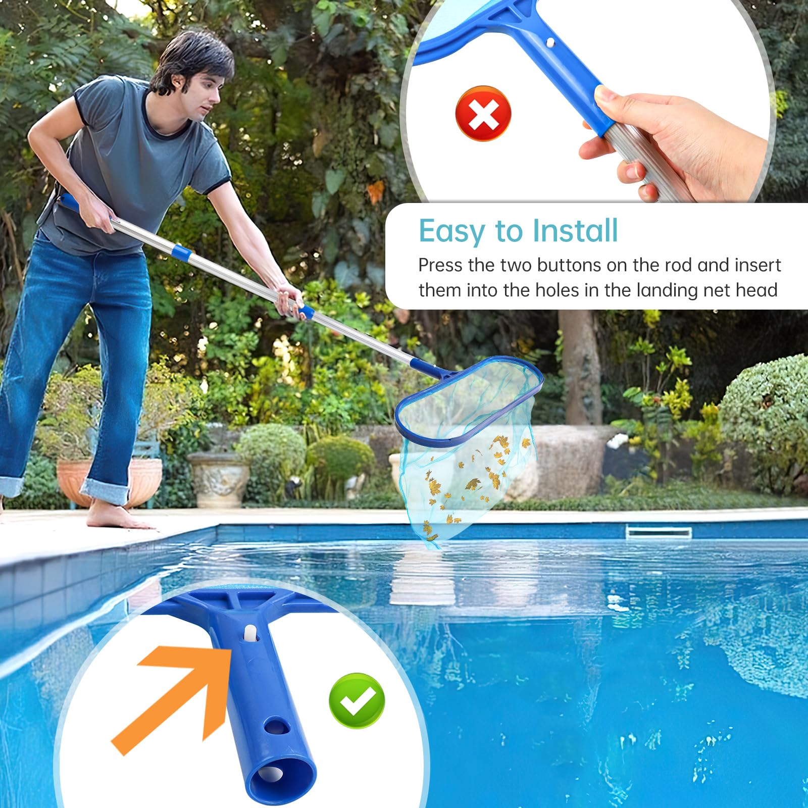 Epuisette Piscine, Epuisette de Fond Piscine avec 40-93cm Manche Telescopique, Filet de Fond Piscine, Épuisette Profonde, Kit de Piscine Nettoyage 5PCS, Nettoyager Outil de Étang, Épuisette à Feuilles
