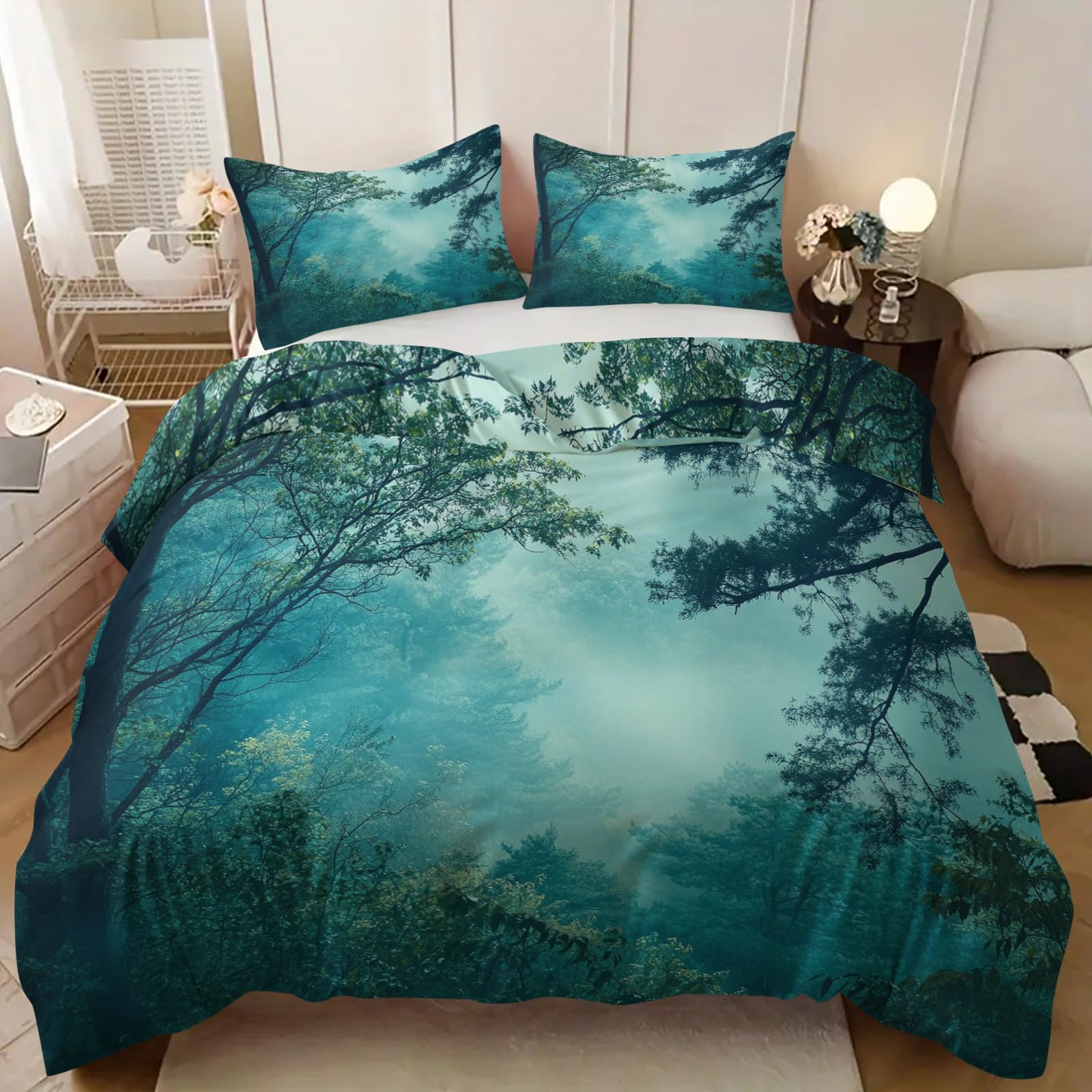 Housse de couette réversible 260x240 cm forêt brumeuse avec 2 taies d'oreiller