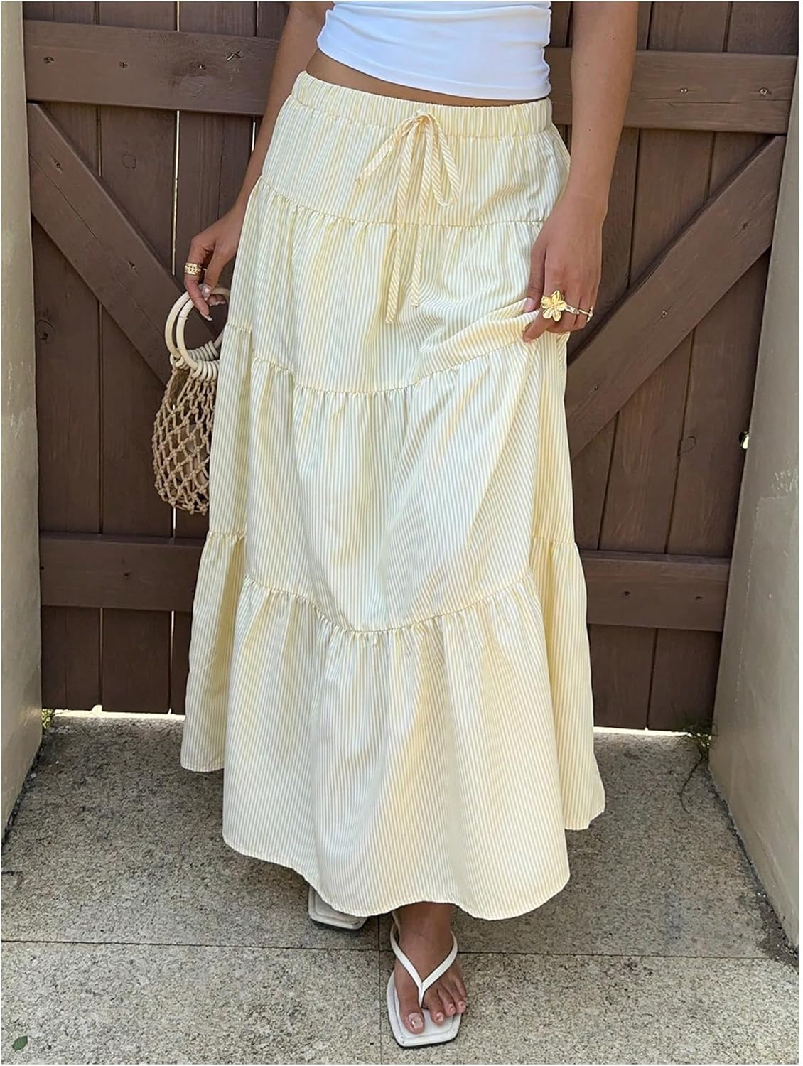 Milumia Women's Striped Tiered Maxi Skirt Layered A Line Flowy Long Skirts - Image 5