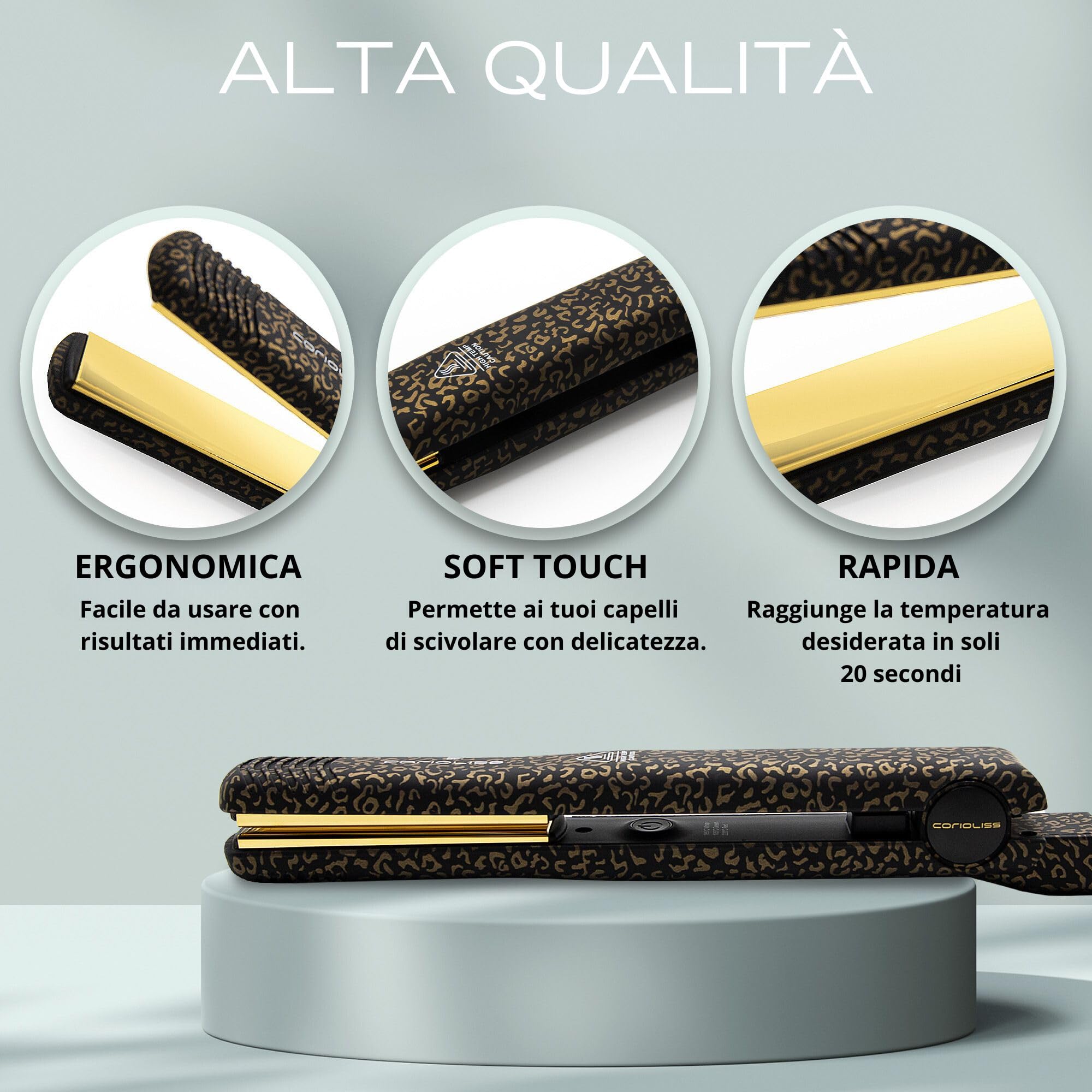 Corioliss C-Style | Piastra per Capelli | Piastre in Titanio | Controllo Temperatura 165º-220º | Ioni | Onde e Liscio | Con Spazzola Paddle | Riscaldamento Rapido | Cavo Girevole | Leopard Gold