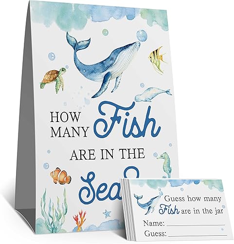 Guess How Many Fish in the Sea Mermaid Party Game ,How Many Candy Sharks Game, Watercolor Ocean Themed Baby Showers Decorations Game(1 Sign+50