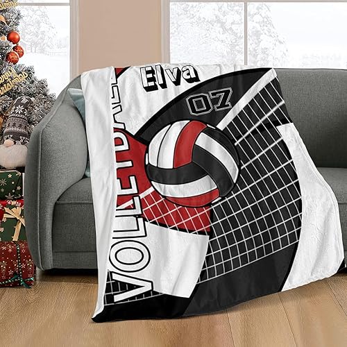 Miniatura 2 de Manta personalizada con nombre y texto, manta personalizada de voleibol deportivo rojo y negro, manta de forro polar suave para regalos de bebé, 40