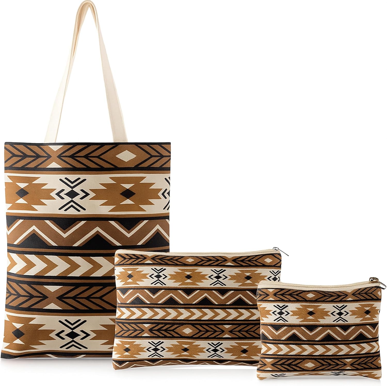 Blosssound 3 Pcs Aztec Bags for Women Western Canvas Tote Bag Native American Makeup Coin Purse with Zipper Reusable Grocery Pouch Southwest Aztec Christmas Gifts for Mom Teacher Sister