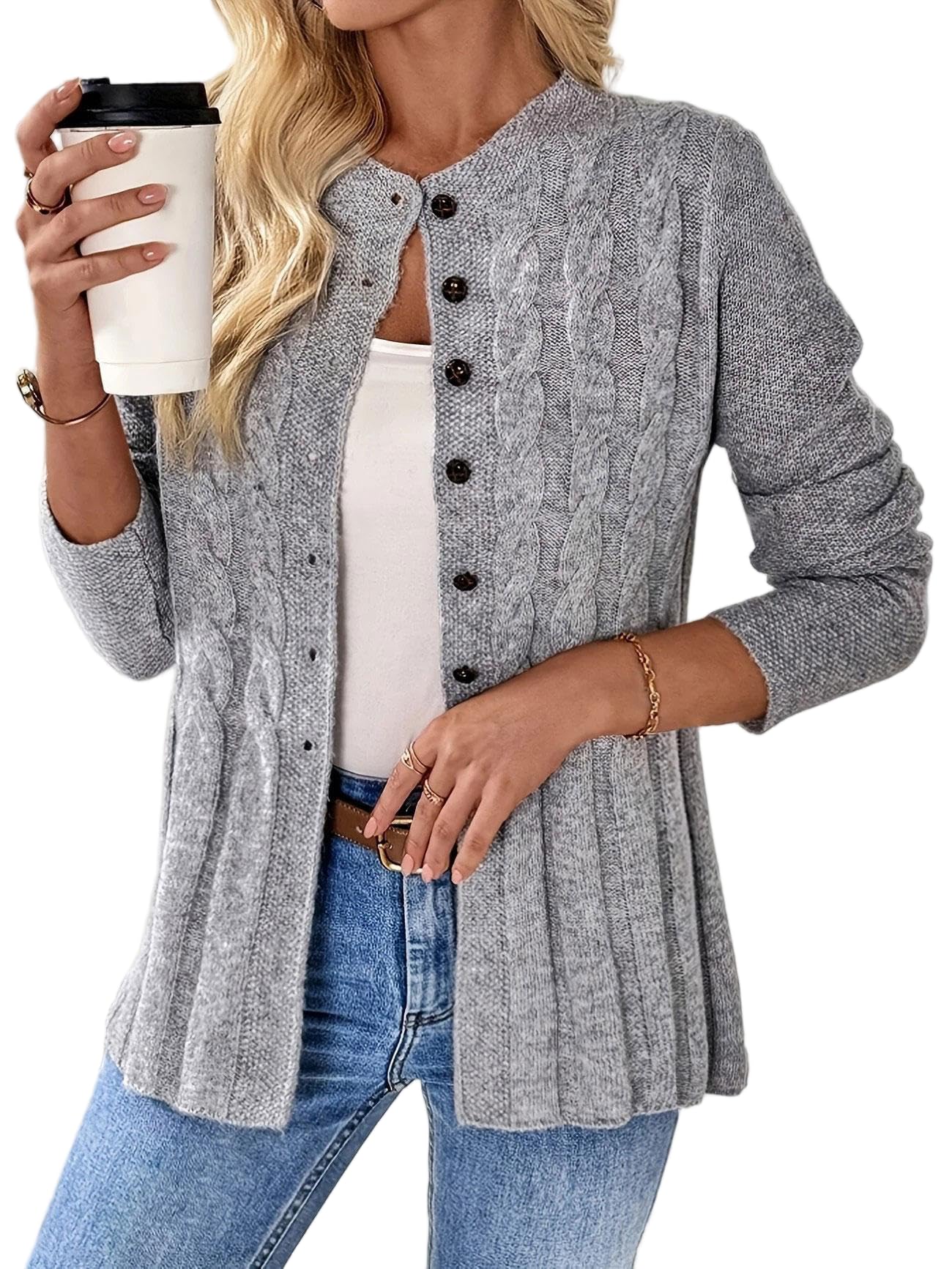 Womens Long Sleeve Button Up Cable Knit Cardigan 2025 Fall Winter Crewneck Cardigans Comfrt Beige Sweaters Jacket