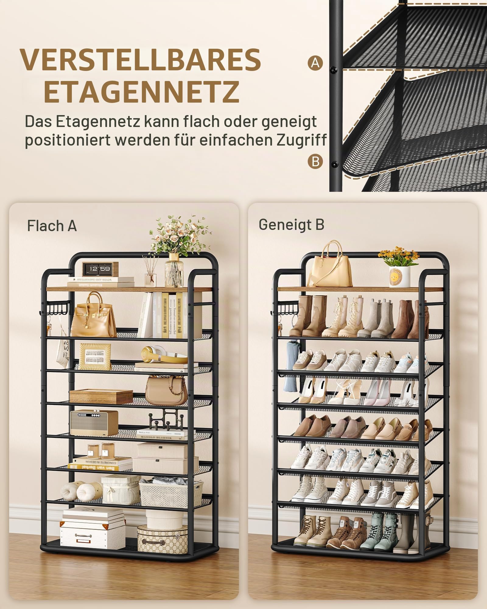 Hzuaneri 8-Stöckiges Schuhregal, 80 cm, 5 Haken, Schuhabtropfschale