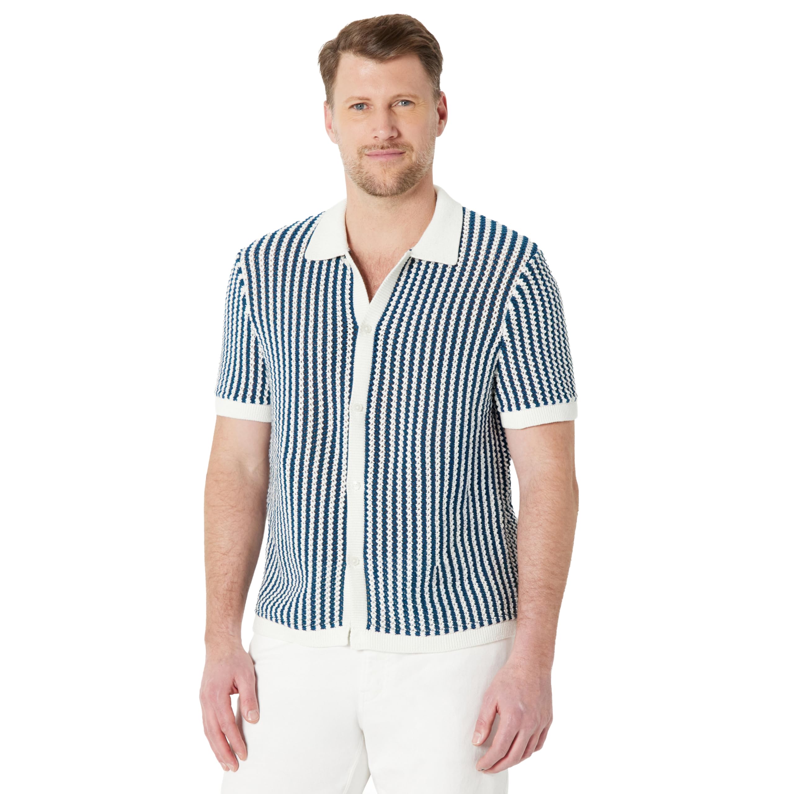 Amazon Essentials Men's Relaxed-Fit Short Sleeve Button-Down Resort Knit Button Down Shirt, Dark Blue Stripe Knit, Small