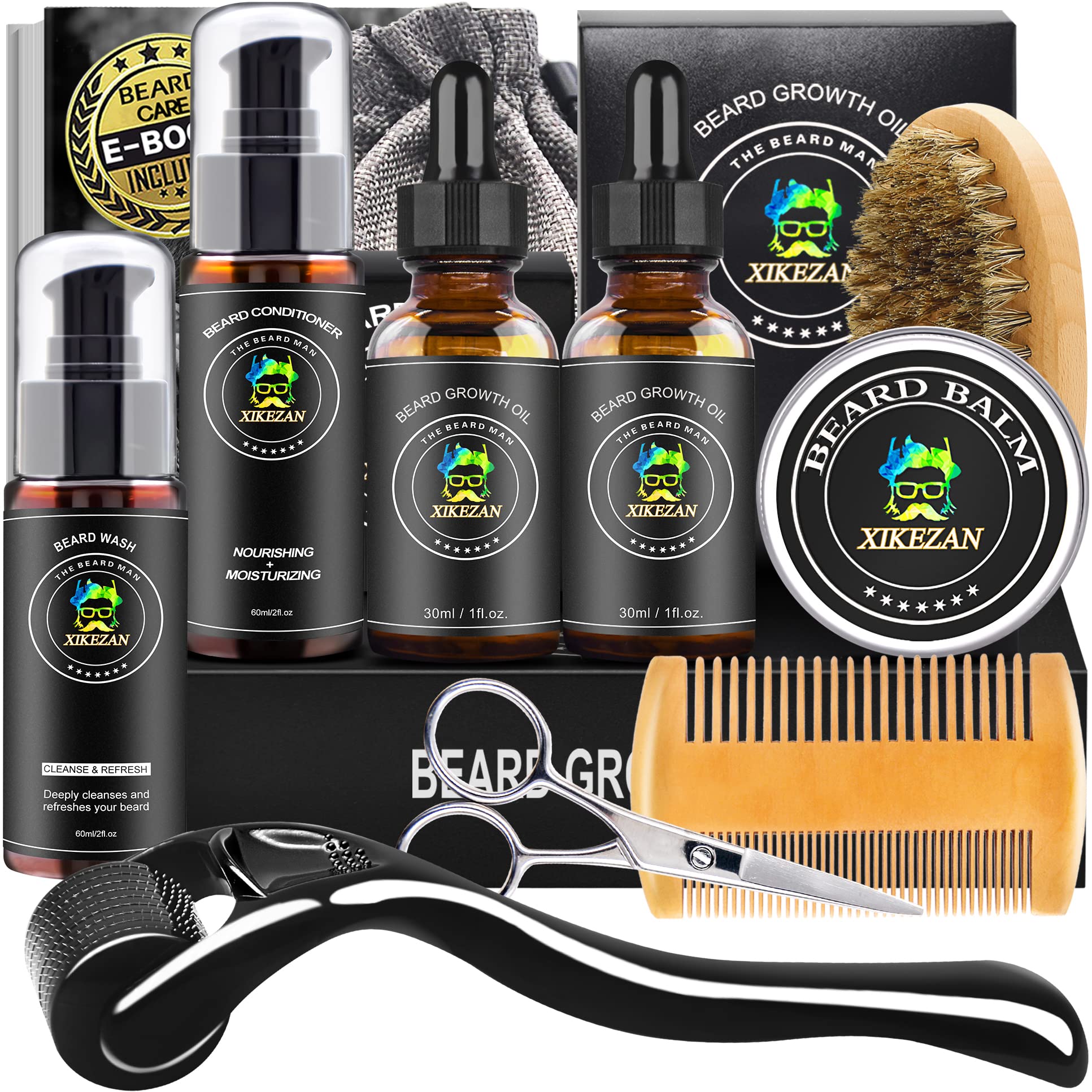 XIKEZAN Beard Growth Kit,w/Beard Roller,Beard Growth  Oil,Balm,Comb,Brush,Hair Removal Razor Strops Scissor,Bag,EBook,Beard Care  Grooming Kit Christmas ...