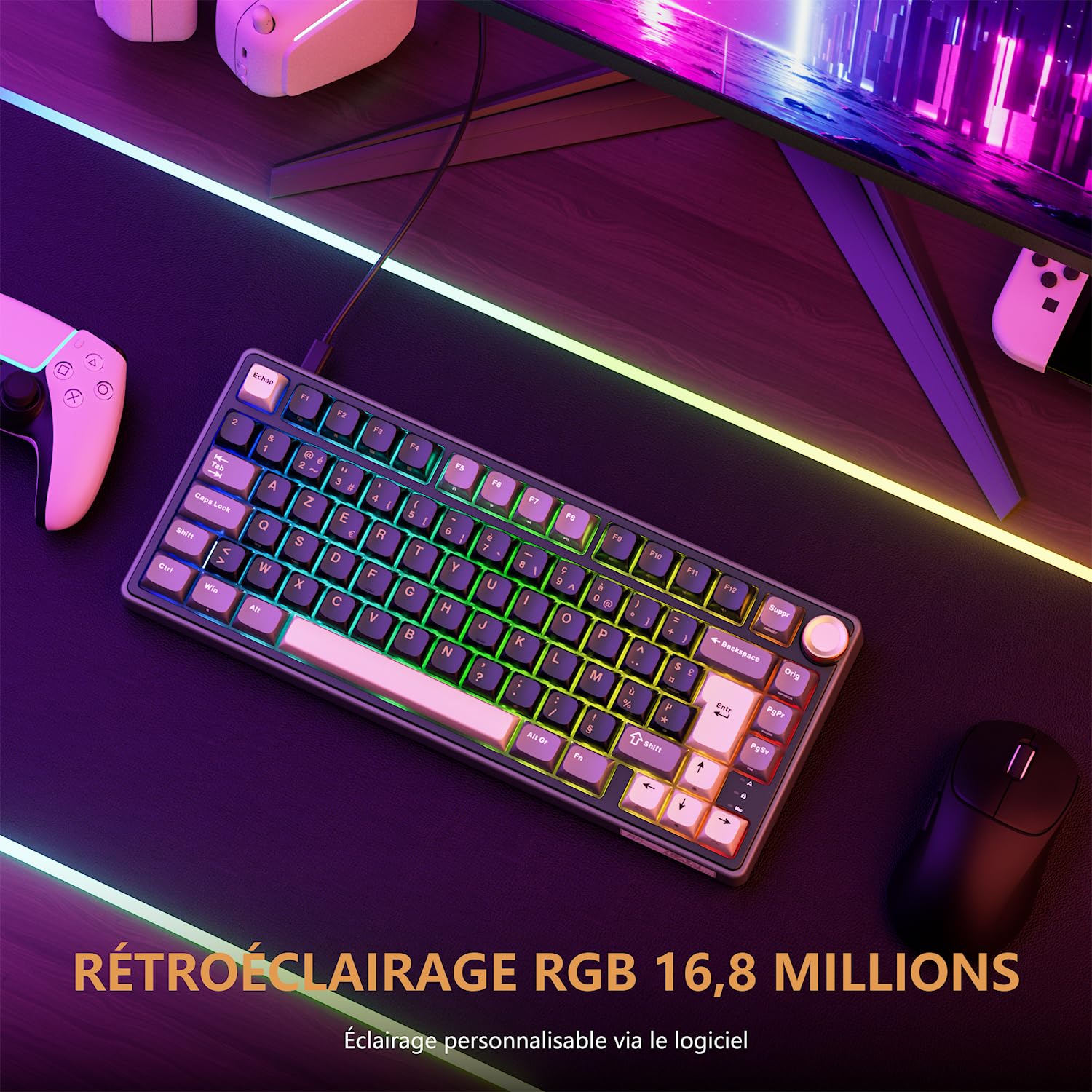 RK ROYAL KLUDGE R75 Teclado Mecánico, Teclado Gamer Cableado 75% AZERTY con Gasket Mount, Rueda de volumen, Interruptor Creamy Lineal Hot-Swap, Teclas PBT, Retroiluminación RGB para Windows/Mac/PC