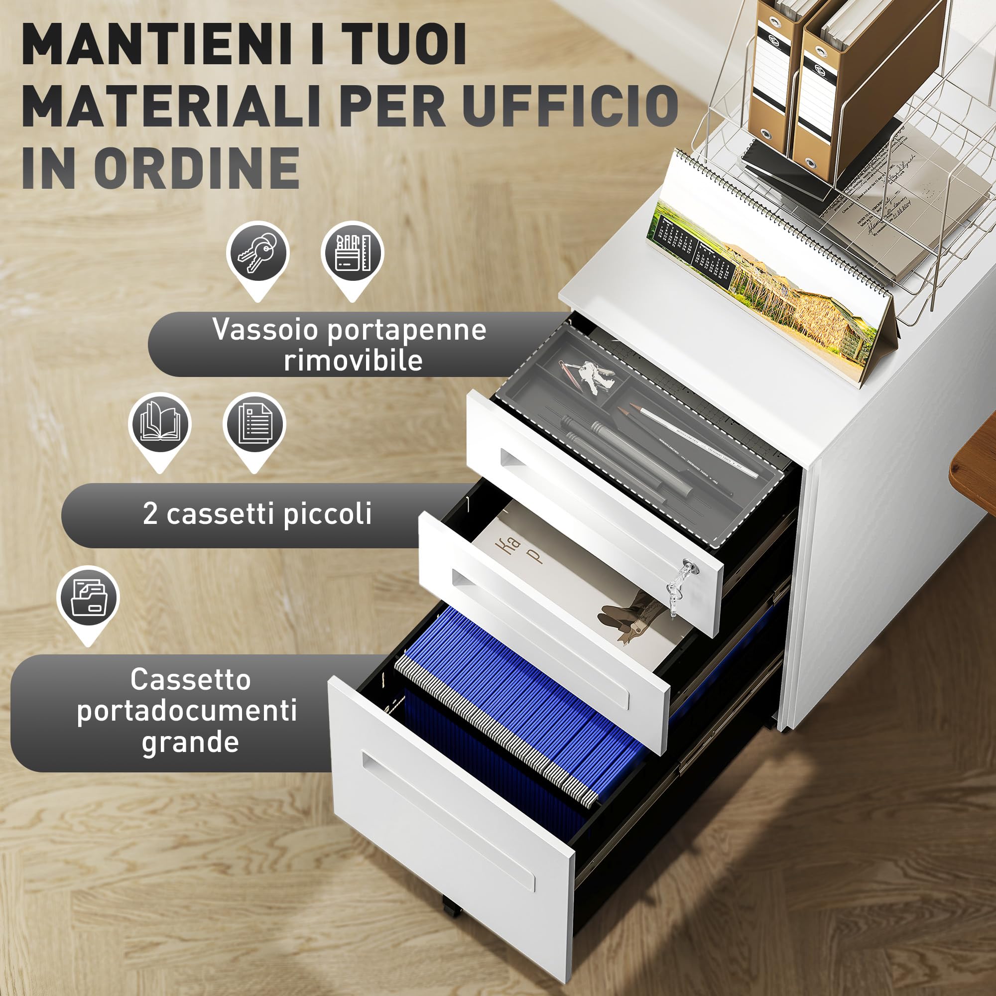 Vinsetto Cassettiera da Ufficio 5 Ruote 3 Cassetti con Serratura Bianco | Schedario Portadocumenti, Chiavi, Mobiletto Archivio per Documenti, Cartelle Sospese Formato A4 Lettera, Acciaio