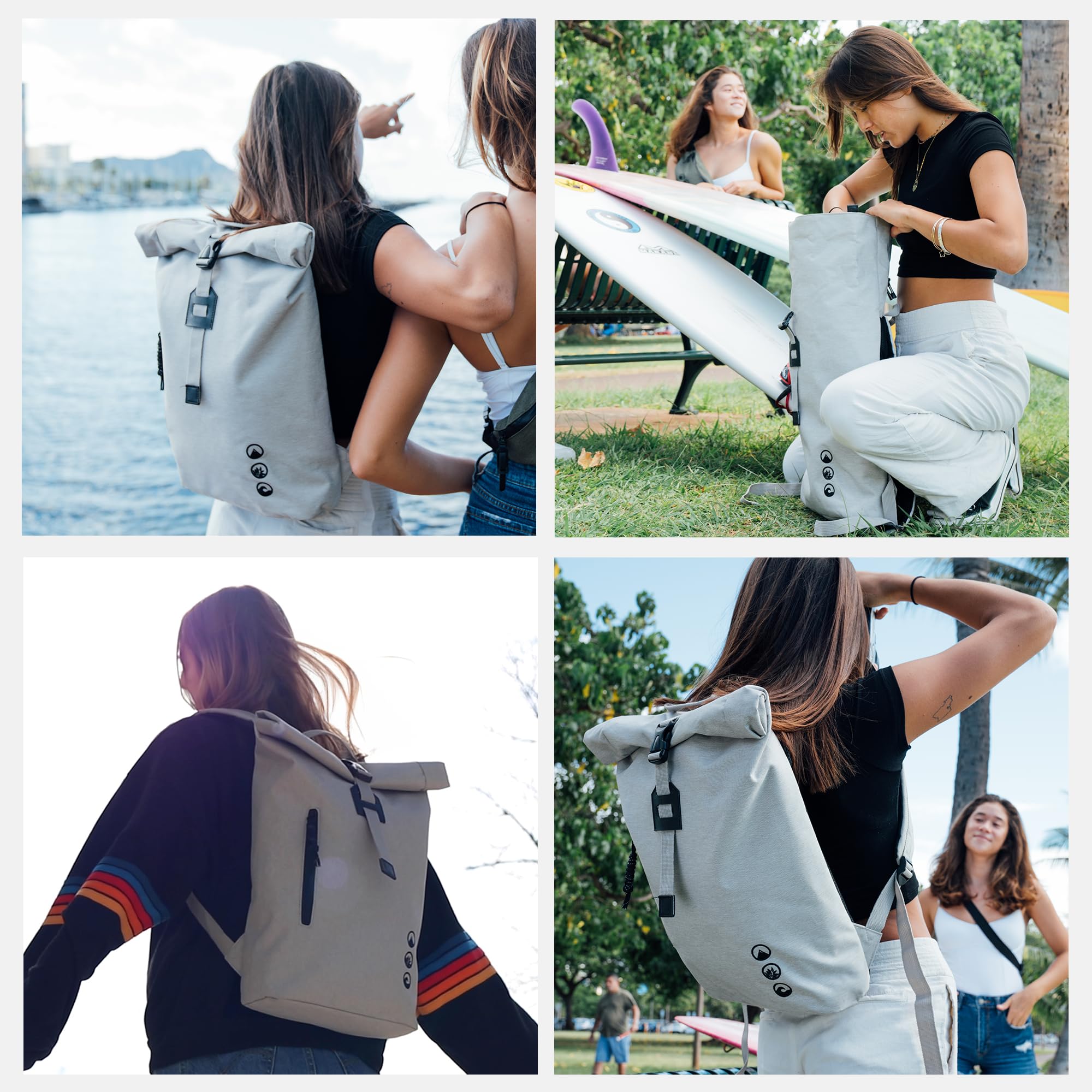 Mochila Roll-Top Daypack Alani - Pet Reciclado, Repelente al Agua - con Funda extraíble para portátil - Plana y Ligera, Mochila para Bicicleta Gris Claro