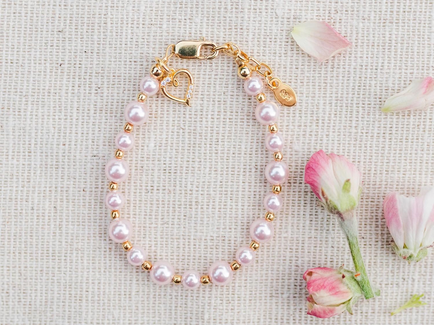 Cherished Moments Children's 14K Gold-plated Bracelet with Pink Simulated Pearls and Cross or Heart Charm for Baptism, Christening or First Communion Gift for Girls - Image 3