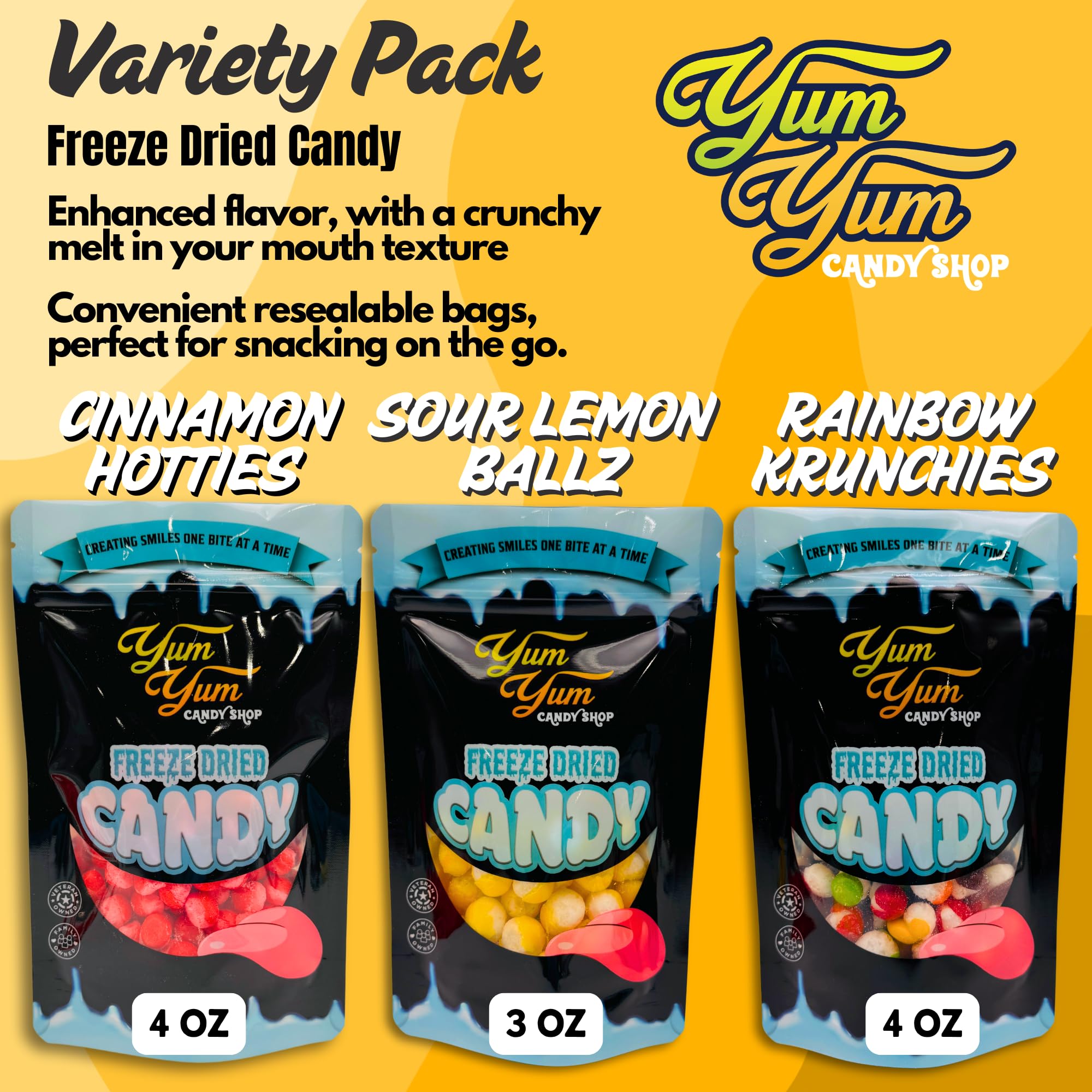 Freeze Dried Candy Variety Pack – Rainbow Krunchies, Sour Lemon Ballz, Cinnamon Hotties – Sweet & Sour Crunchy Snack – 3 Bags – Viral Snack Gift – Yum Yum Candy Shop