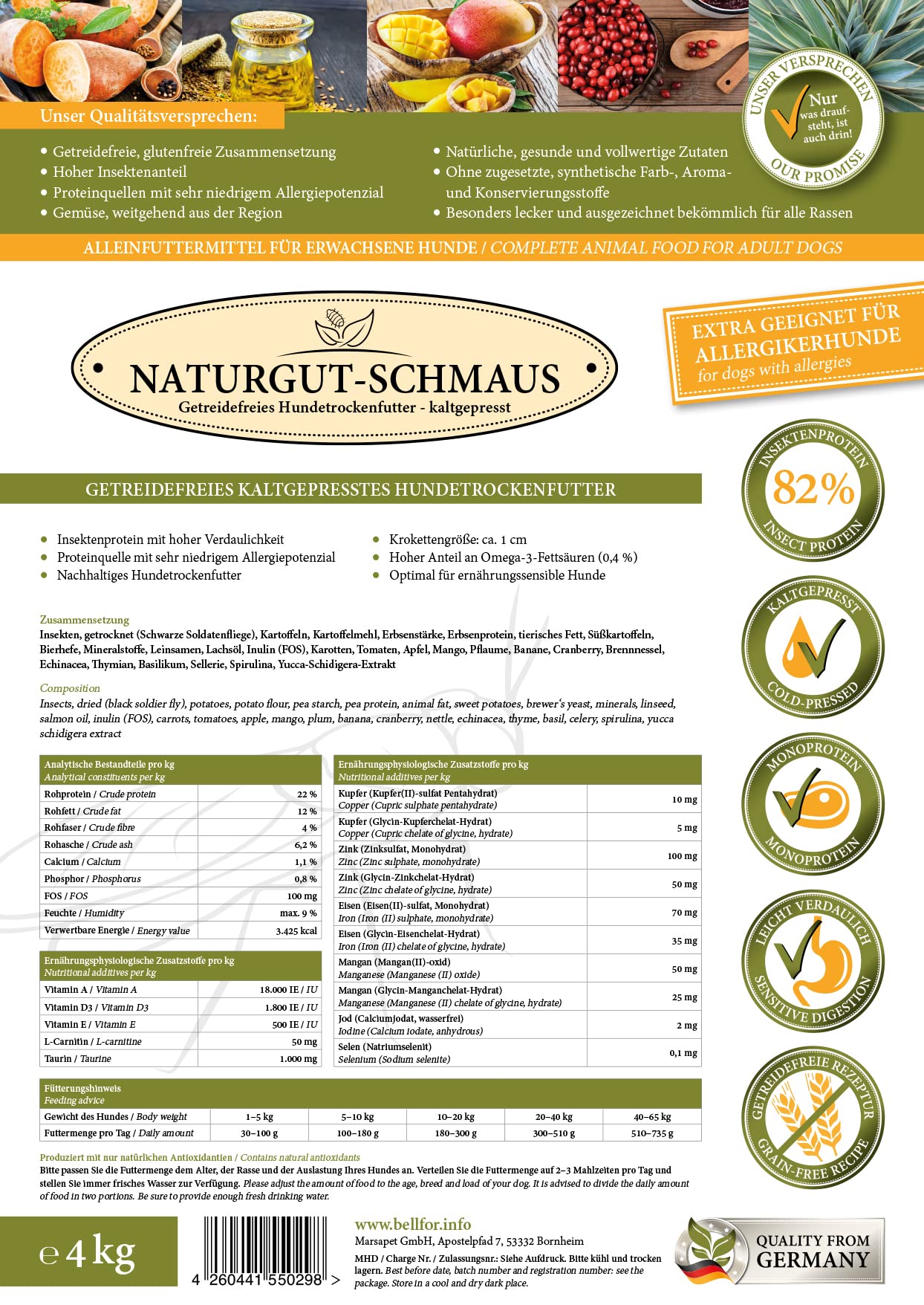 Bellfor Juego de comida para perros hipoalergénica 4 kg Snacks 200 g Dieta para perros 120 g para perros sensibles a la nutrición Perros grandes con sobrepeso Cáscaras de semillas de psyllium Shiitake