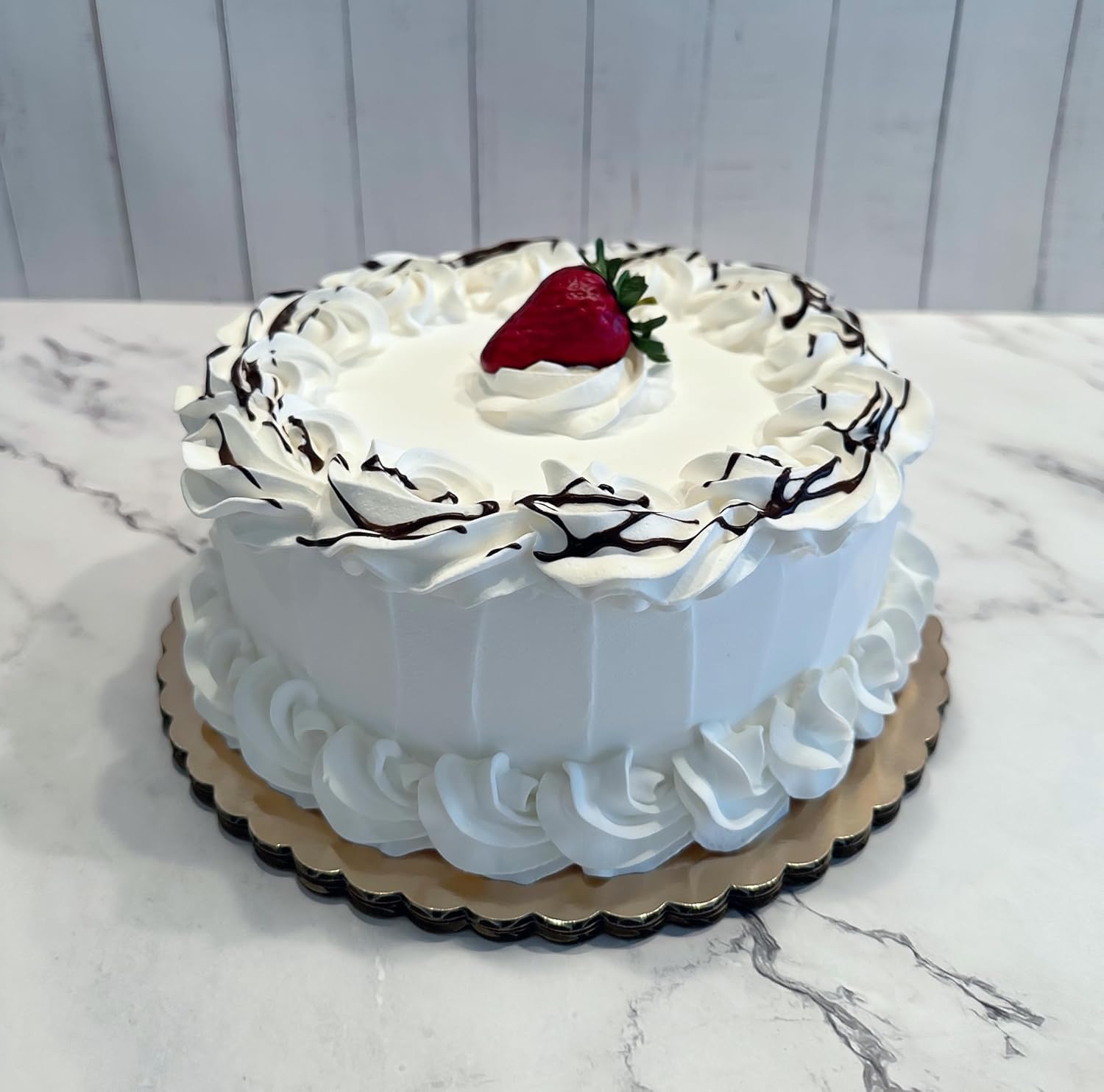 Realistic Vanilla Frosted Cake with Chocolate Drizzle & Strawberry Replica Prop Cake- Handmade by Dezicakes-Artificial for Decoration purpose only