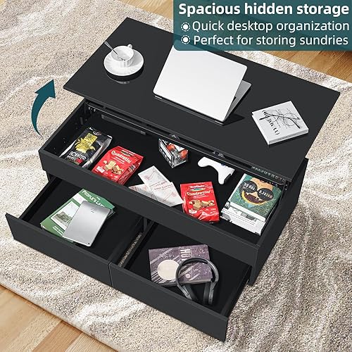 Miniatura 4 de HOMMPA Mesa de centro elevable, mesas de centro negras para sala de estar con almacenamiento oculto y 2 cajones, mesa de café LED de alto brillo,