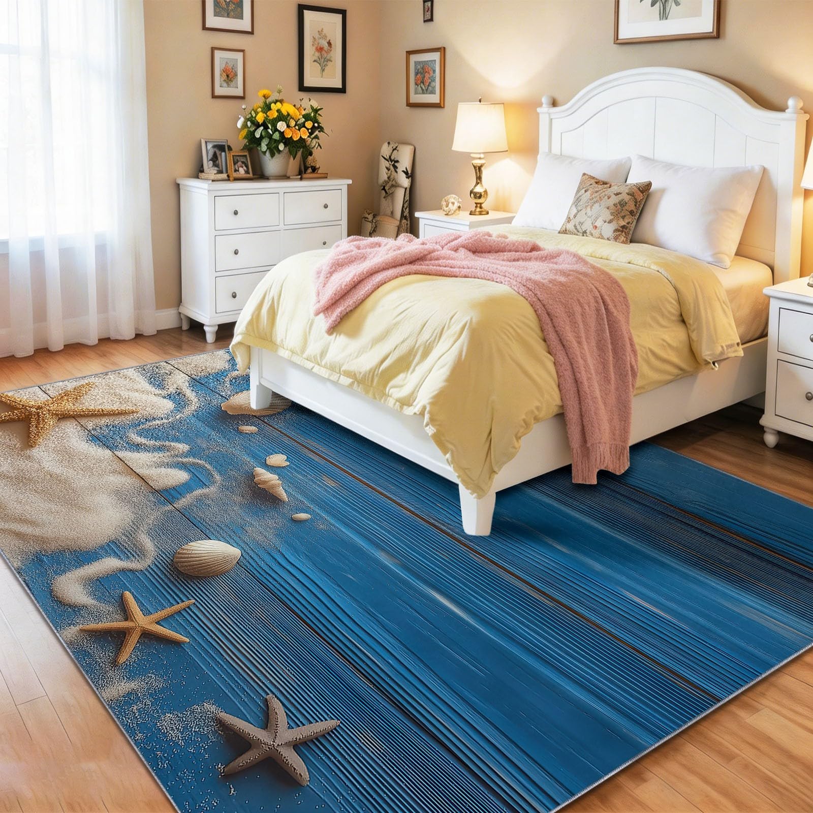 Tapis Réaliste 60x110cm à Motif, Beige Bleu Antidérapant et Lavable en Machine Poils Courts, Plage, Coquillages, Sable, Étoile De Mer pour Salon Chambre ou Bureau