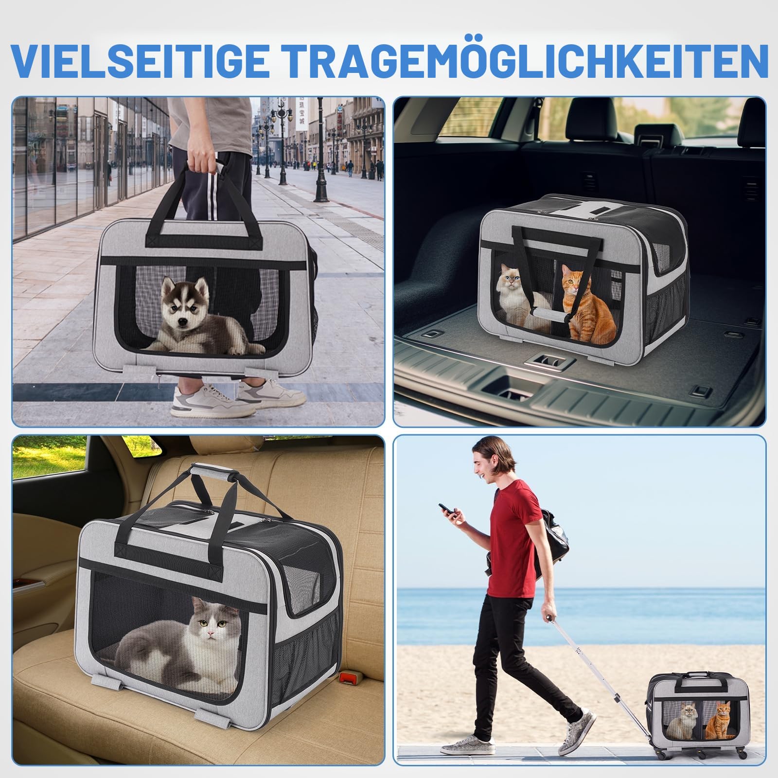 Extra Große Katzentransportbox für 2 Katzen bis 20kg, Faltbare Transportboxen für 2 Katzen mit Rollen, Transportbox Katze Groß für Spaziergänge/Camping, Grau