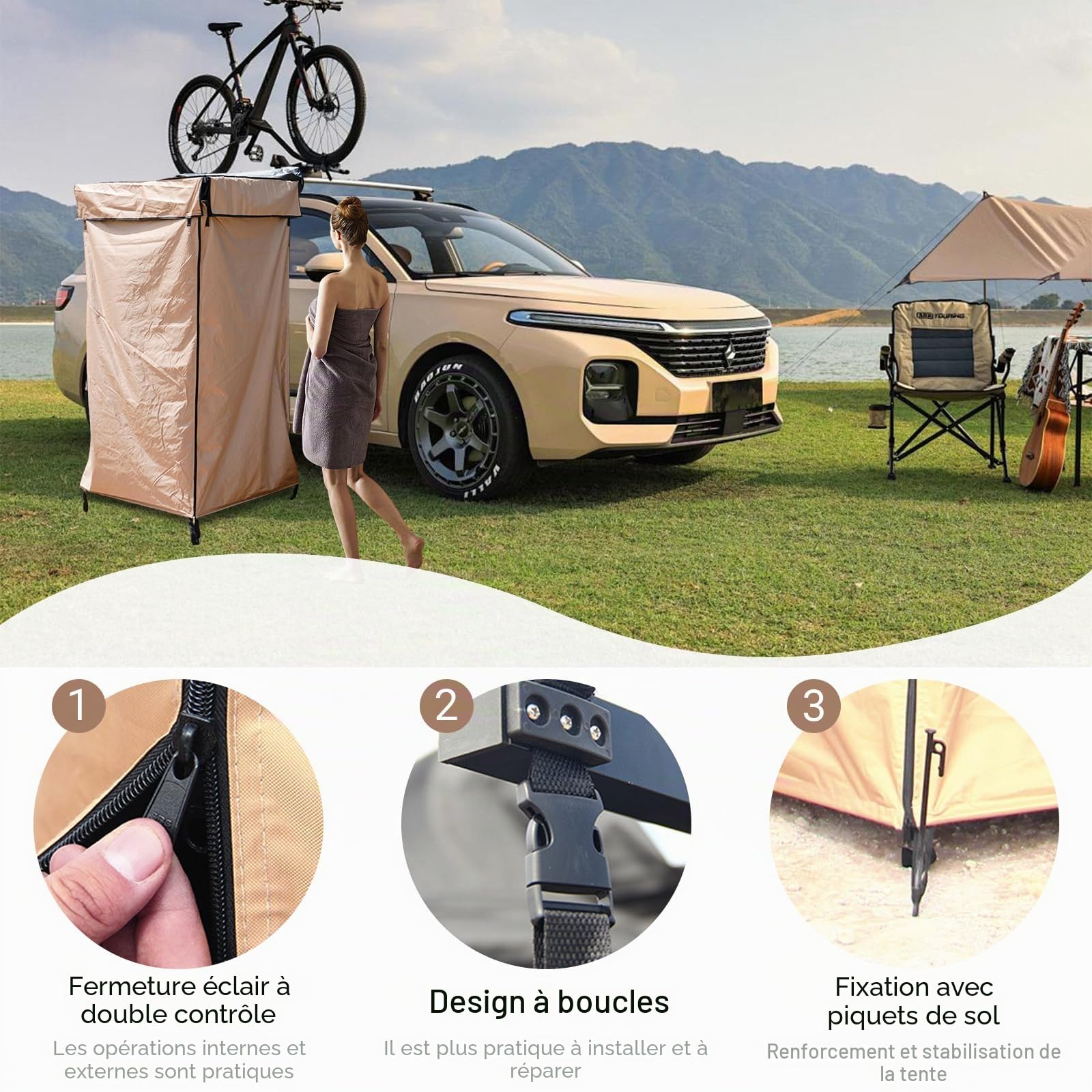 Tente de douche pour voiture, Oxford étanche, douche latérale avec lumière LED pour camping en plein air, abris de protection pour l'extérieur, montée sur barres de toit, universelle