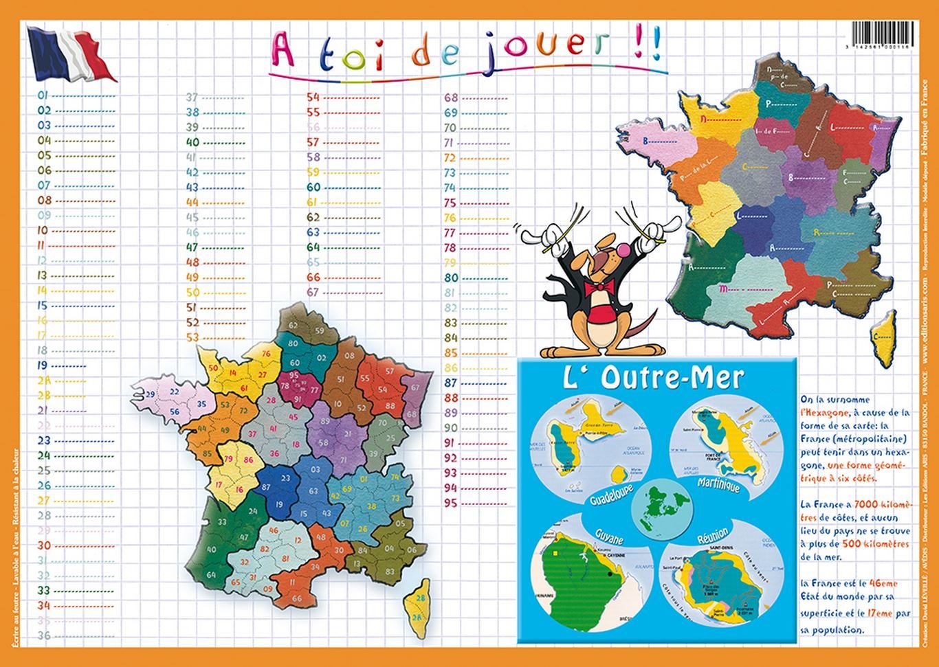 ARIS EDITIONS Lot de 5 Sous-mains et Set de table éducatif 30x42 Plastifié, effaçable"Départements et Régions"