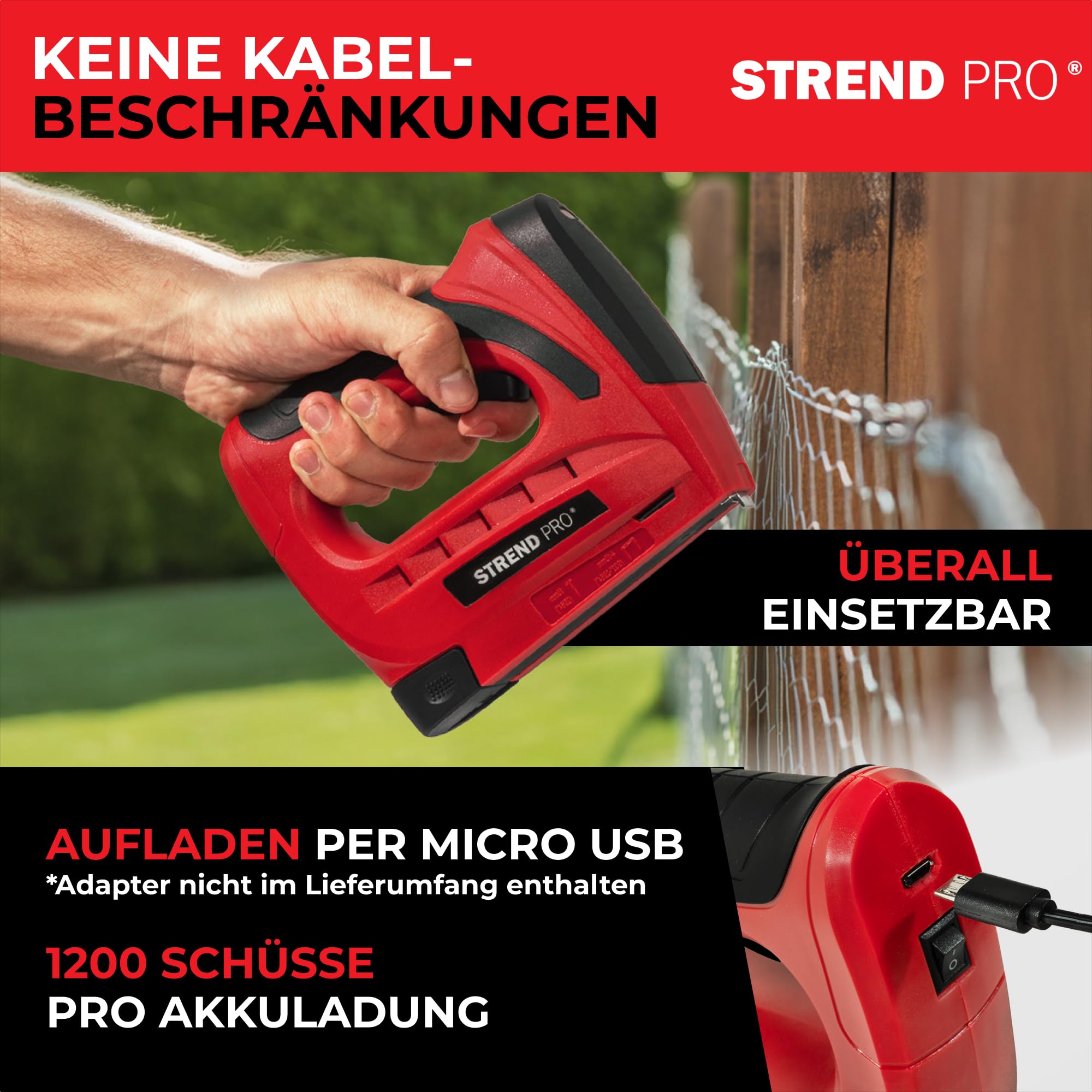 STREND PRO Akku Tacker 1,5Ah Tackerpistole Klammern Typ 53 (4-10 mm) Nägel Typ C1 (10mm) inkl. 400 Klammern 100 Nägel