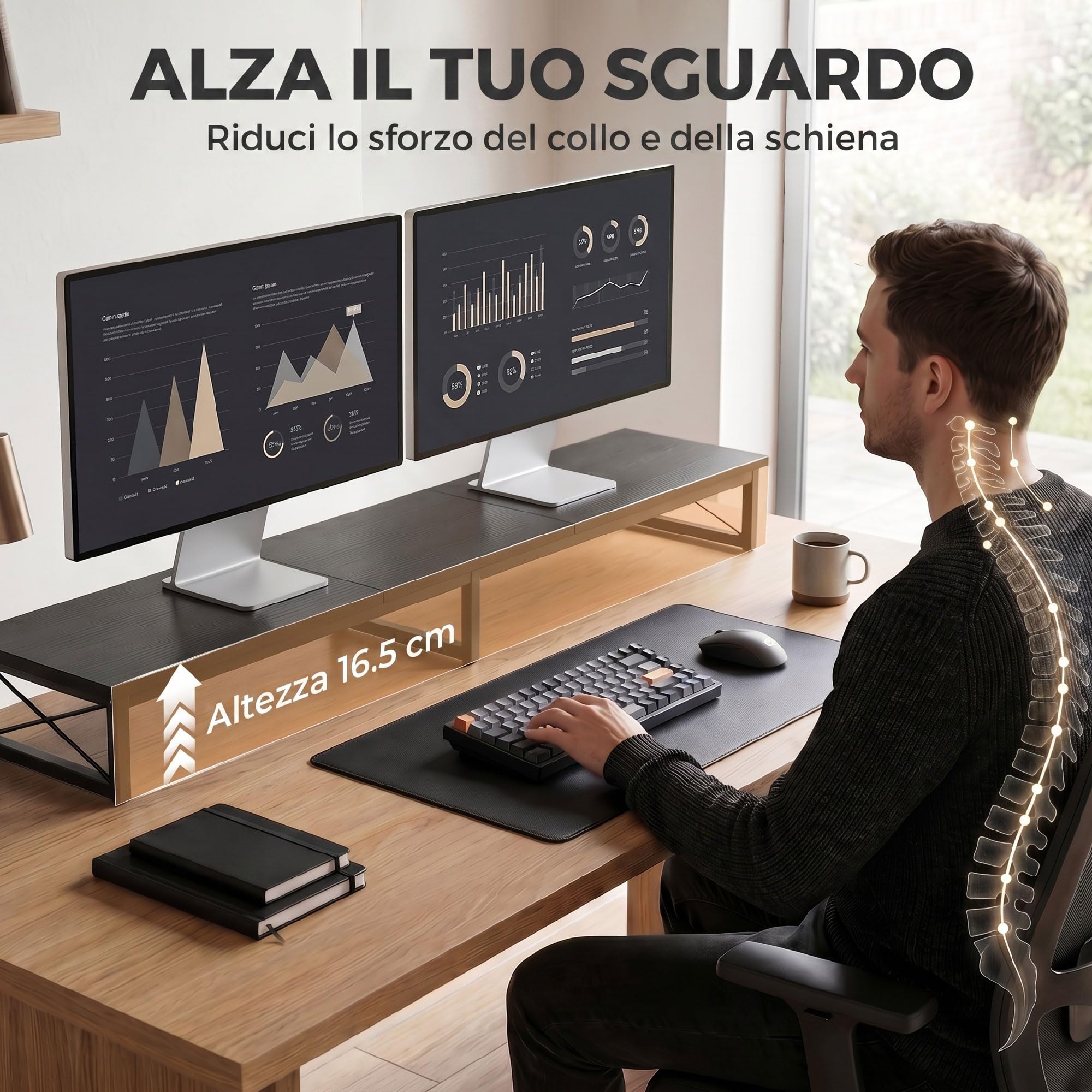 HOMCOM Supporto per Monitor da Scrivania, Rialzo per Monitor in Legno con 2 Scomparti Portaoggetti, per Laptop e PC, Fino a 20kg, 114x30x16.5 cm, Nero