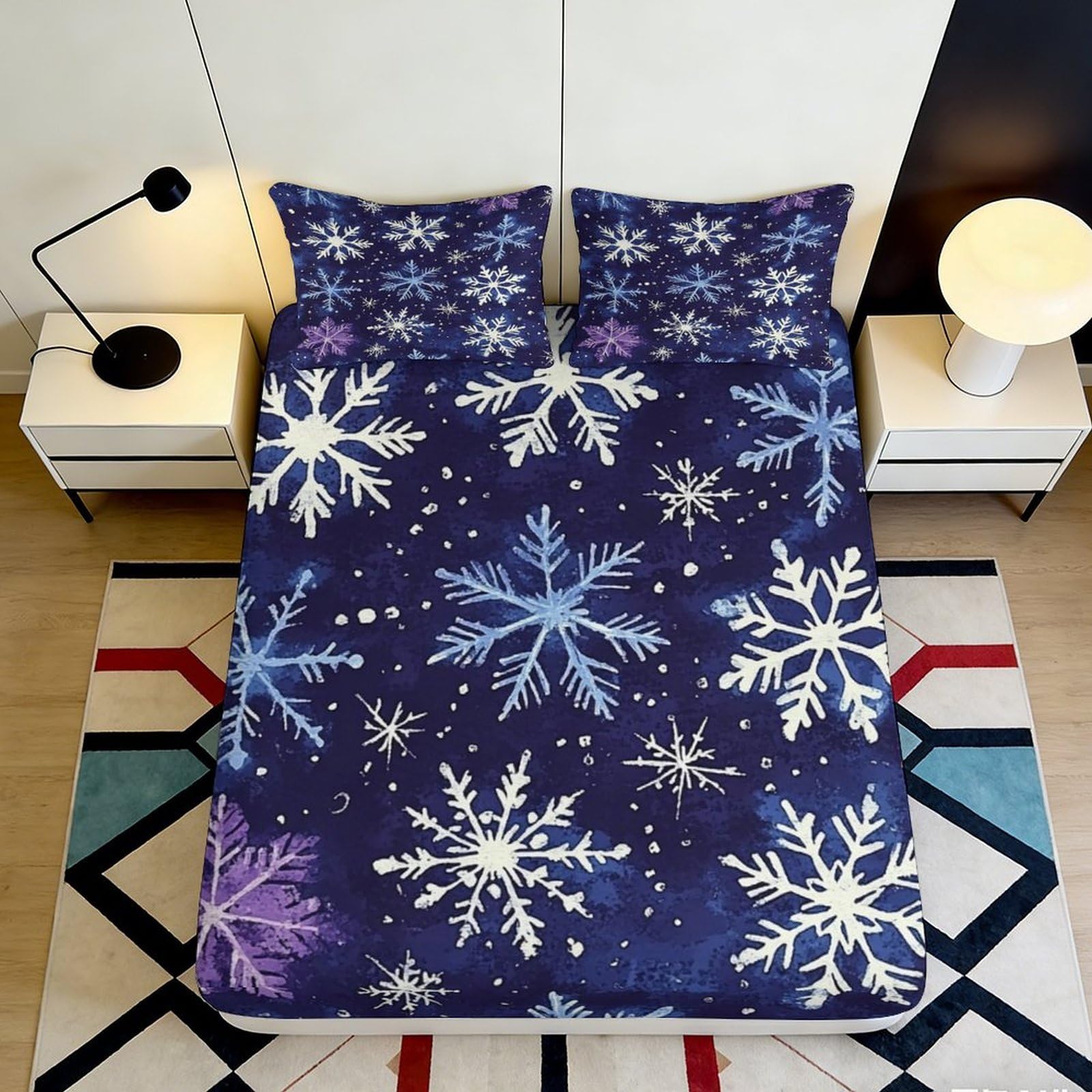 Jqzkxnhpbr Style-8 3D Printed Snowflake Pattern Fitted Sheet Microfiber Soft Anti-Slip Mattress Cover Navy Blue For Bedroom Guestroom Decor 90X200x25cm