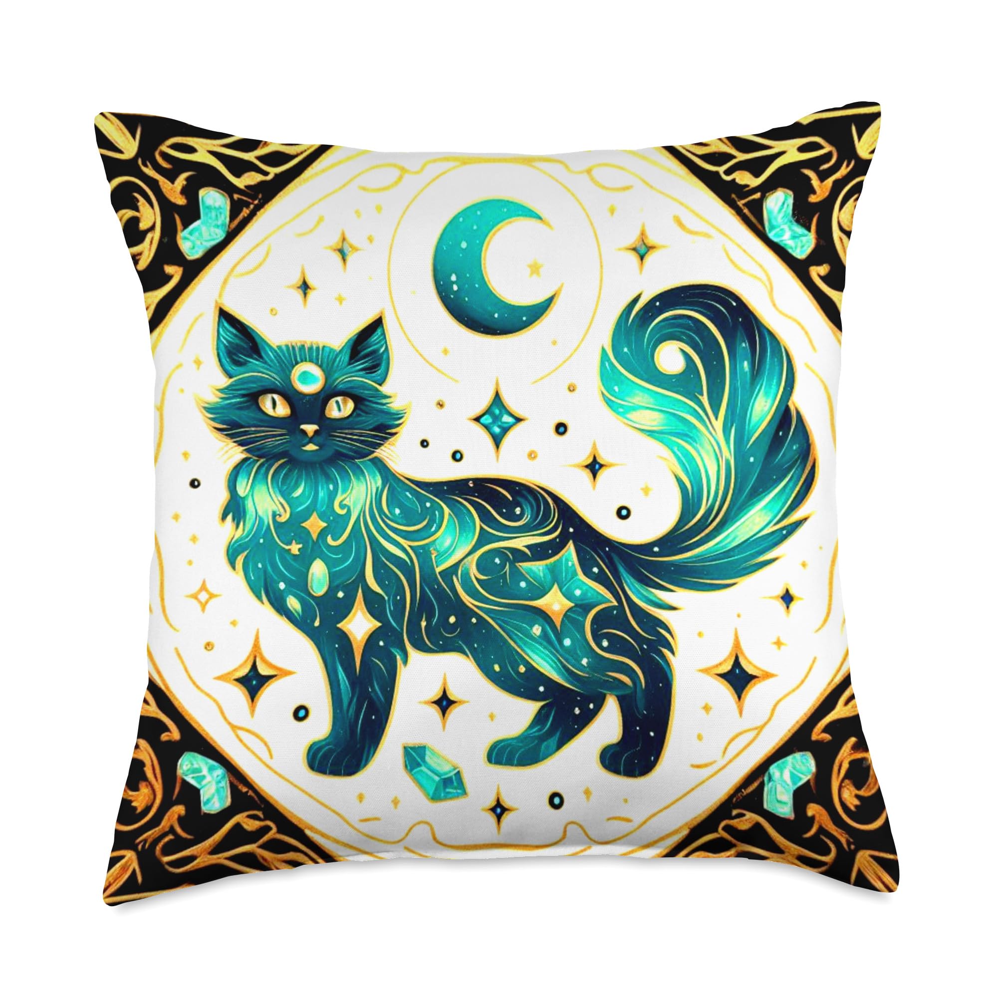 Cat Crystals Decor Celestial Crystals Moon Mystical Spiritual Cat World Throw Pillow, 18x18, Multicolor