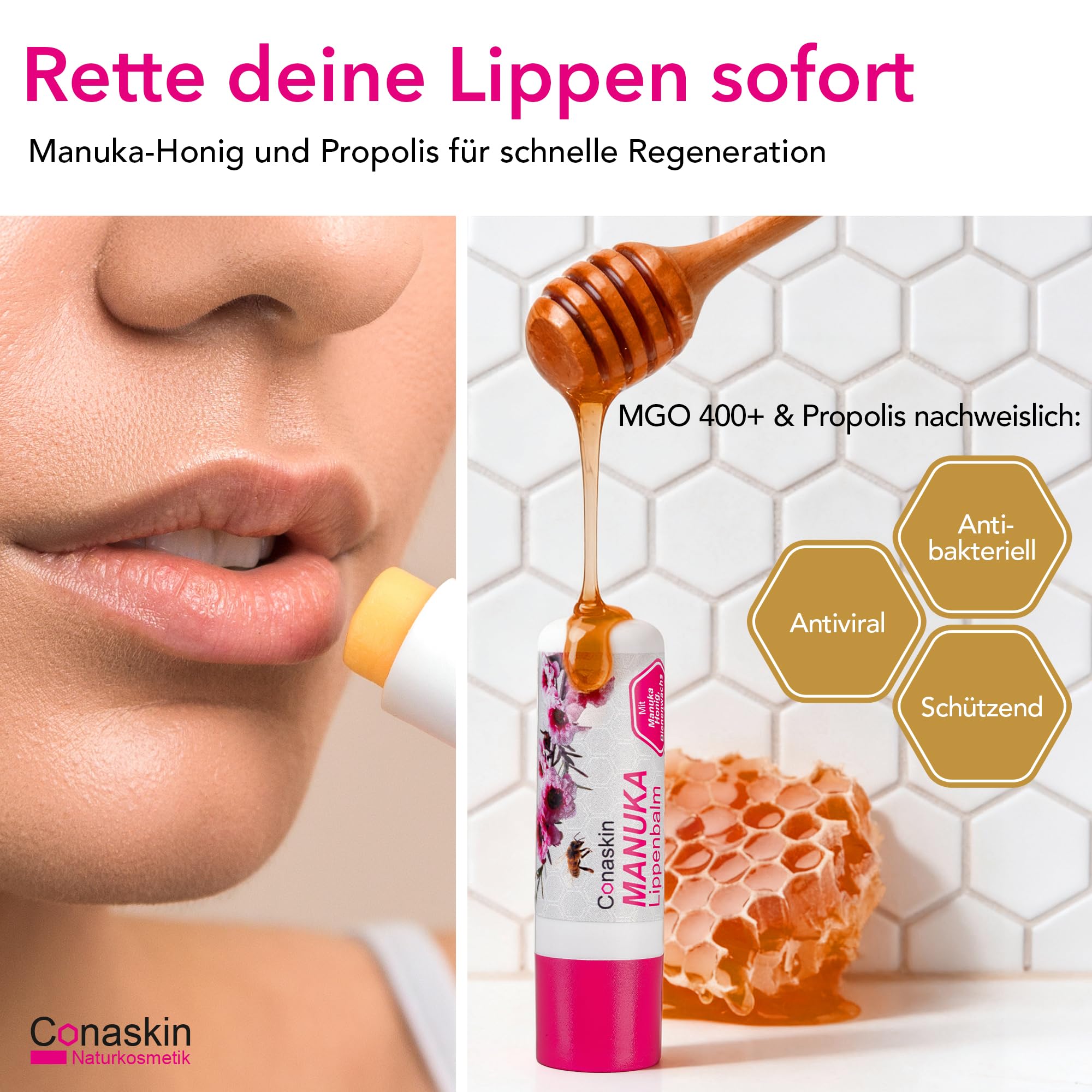 MANUKA Lippenpflege (MGO400) | Intensiv-Pflege bei Trockenheit & Infektionen (z. B. Herpes) | 4.6 g Naturkosmetik | Tägliche Anwendung & Repair | Bienenwachs & Propolis