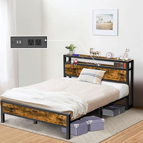 Miniatura 1 de Codesfir Base de cama tamaño Queen con plataforma industrial con estación de carga cabecera de almacenamiento de 2 niveles y patas de apoyo fuertes
