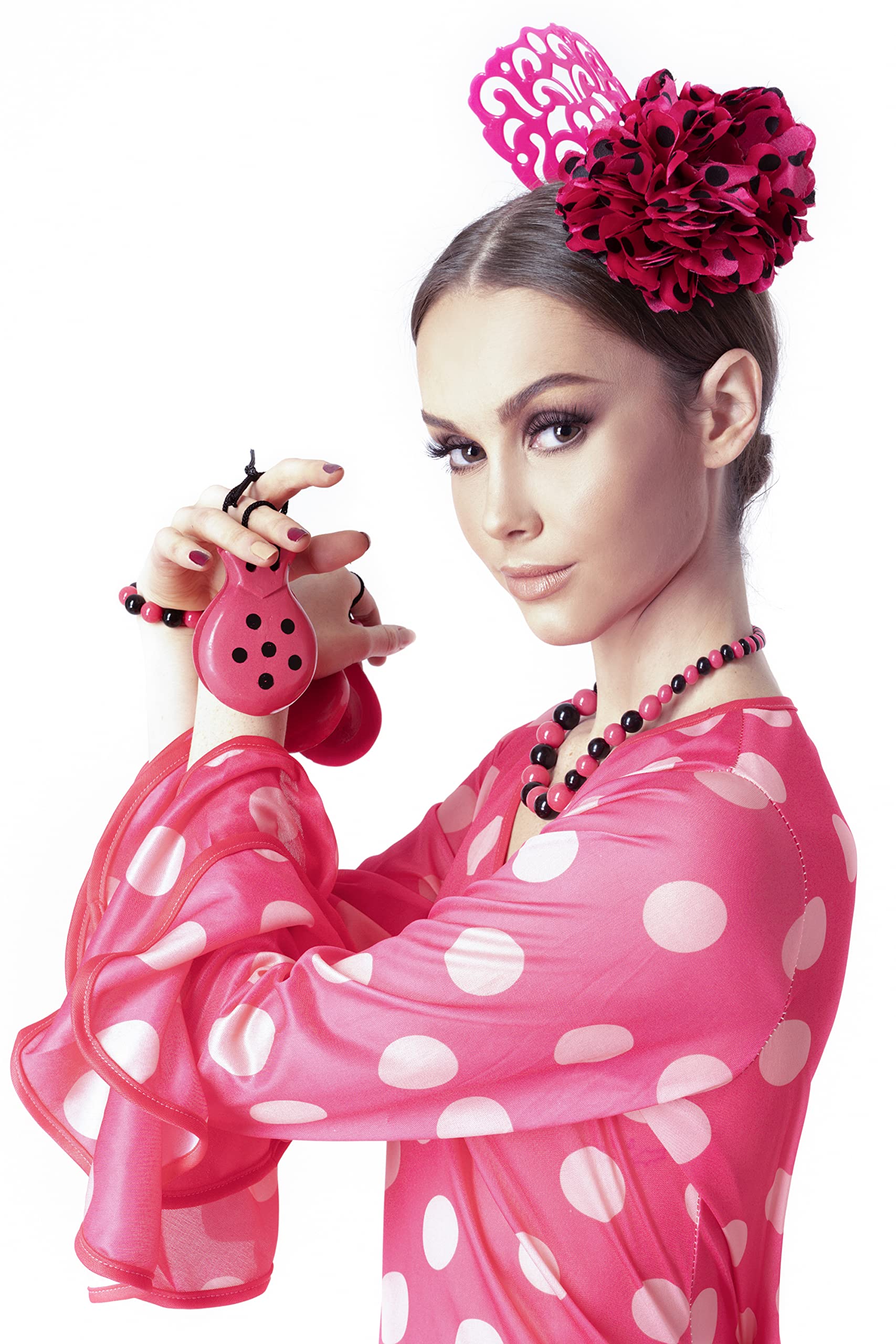 Fuchsia Wood Castanet with Black Dots for Parties Sevillana Fairs, Flamingo Dance - Image 4