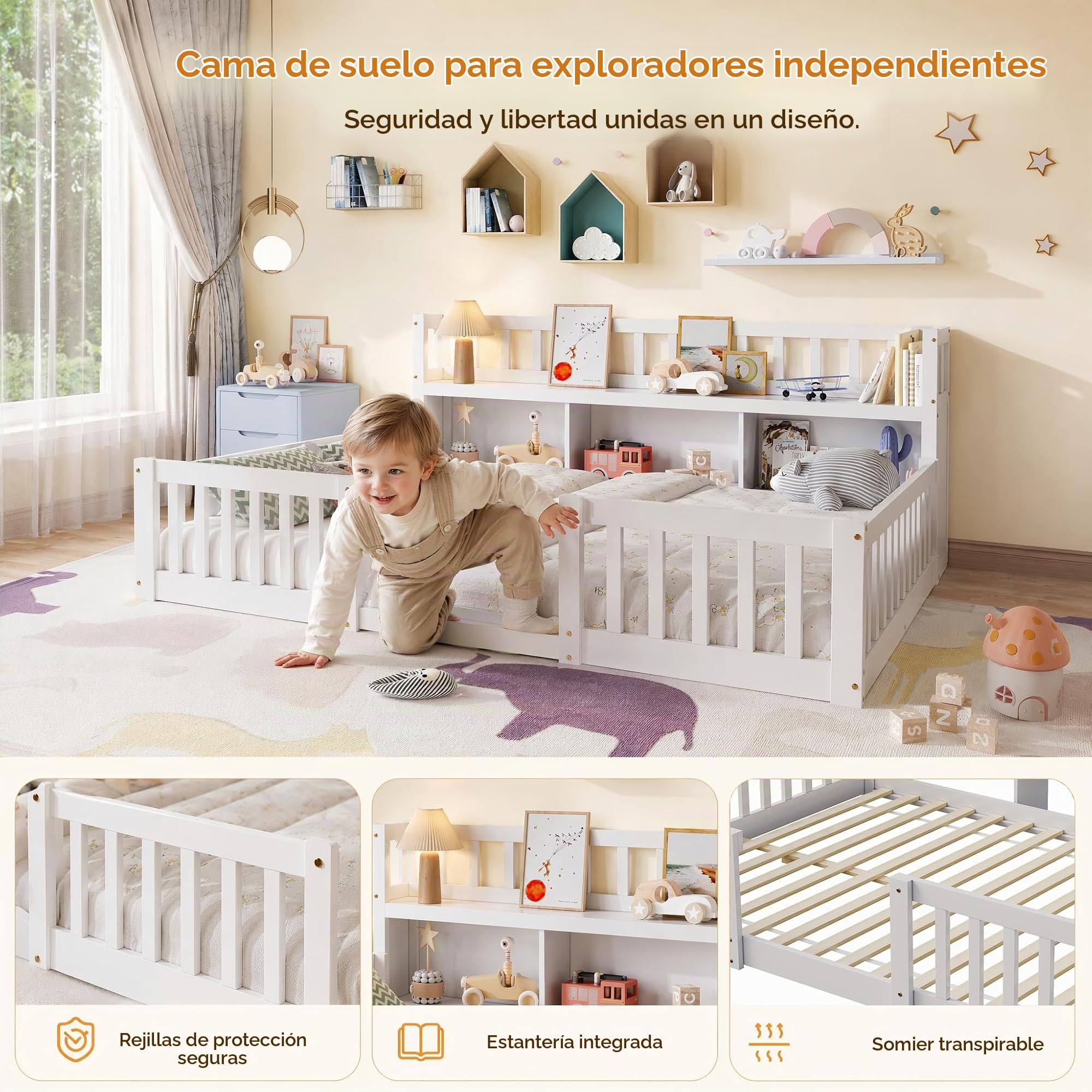 DADEA Cama Infantil De Suelo 140 X 200 Cm Con Protección Anticaída Y Somier, Cama De Día Montessori Con Compartimento De Almacenamiento, Sofá Cama Infantil Con Estante Abierto