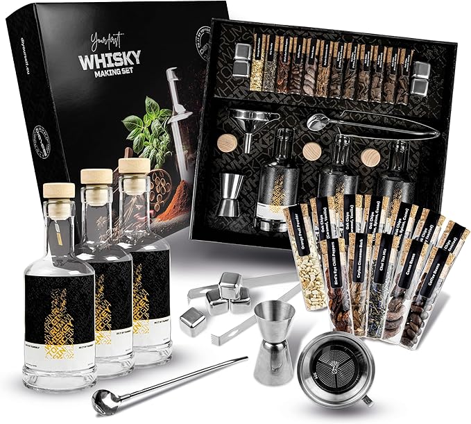 DIBYS Kit Whisky à Faire soi-même avec 12 épices Naturelles et Accessoires | Kit de Fabrication de Whiskey | Coffret Cadeau pour Homme & Femme | Set de dégustation de Whisky DIY avec 4 Recettes