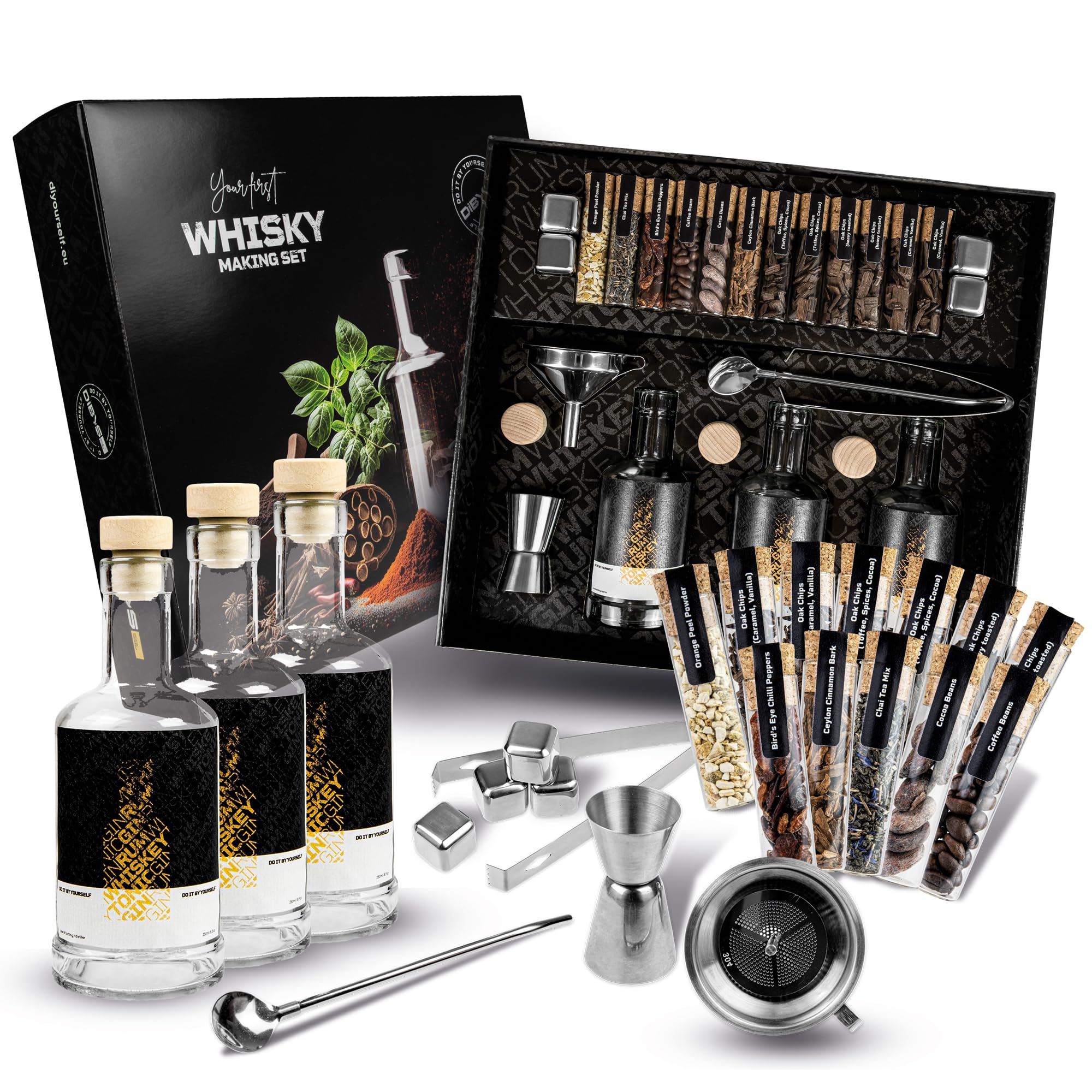 DIBYS Kit Whisky Fai-Da-Te con 12 Botaniche Naturali e Accessori (Bottiglia, Cubetto e altro ancora) Set regalo WHISKEY per amanti del Whisky Kit di infusione e degustazione con 4 ricette