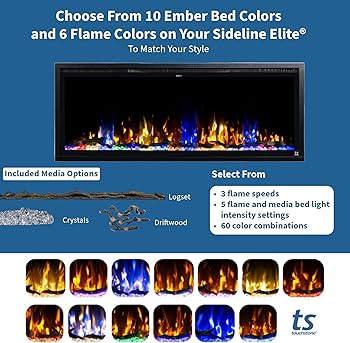 Touchstone Sideline Elite 50 wall-mounted electric fireplace displaying colorful flames.