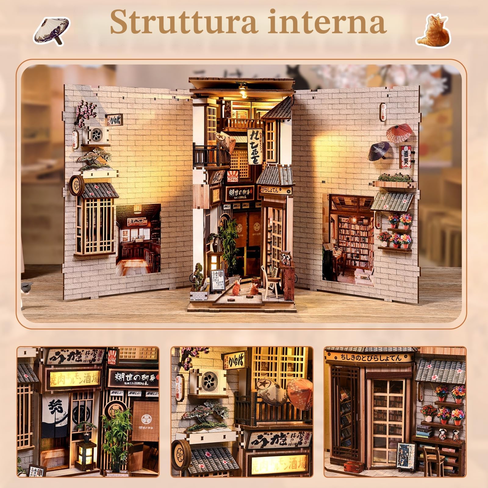 Book Nook Kit,Il vicolo in attesa del gatto in stile giapponese, puzzle in legno 3D fai da te con LED, set fai da te per adulti, Idea Regalo Creativa,decorazione per libreria
