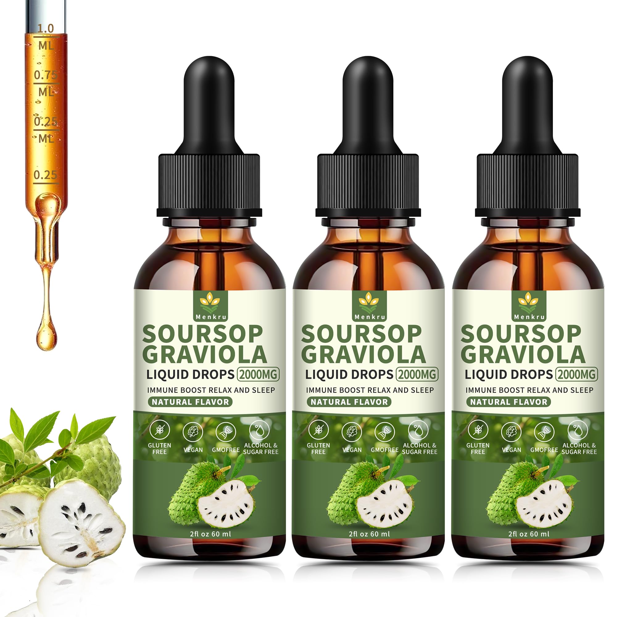 Menkru Suplemento de Graviola em Gotas 2000 mg, extrato de graviola 98%, 3 frascos de 60 mL