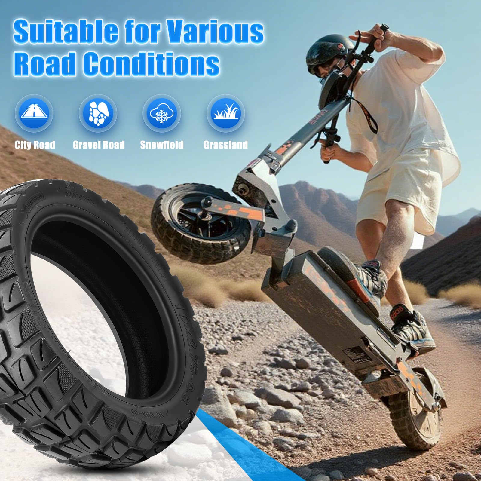 Pneu 10x2.75-6.5 Tubeless Offroad pour Kukirin G2 Master Trotinette Électrique, Pneu Tubeless 10x2.75-6.5 Tout Terrain, 10 Pouces Pneu Sans Chambre a Air avec Valve, Anti-Usure & Dérapant, 1PCS