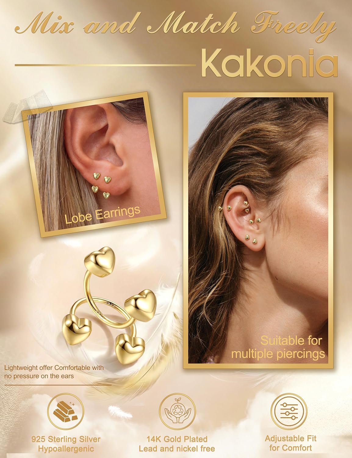 Kakonia 14K Gold Plated 925 Sterling Silver Posts Double Half Huggie Earrings for Women Loop Hoop Backless Earring Stack Small Heart Ball Cubic Zirconia Screwback Piercing Earrings for Helix Cartilage