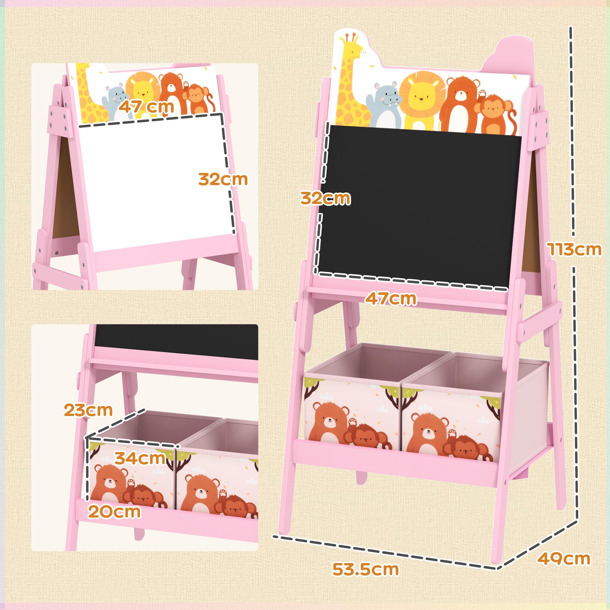AIYAPLAY Cavalletto Artistico per Bambini 3-8 Anni con Lavagna Bianca, Lavagna Nera e 2 Cestini Contenitori, Cavalletto per Bambini in Legno, 53.5x49x113 cm, Rosa