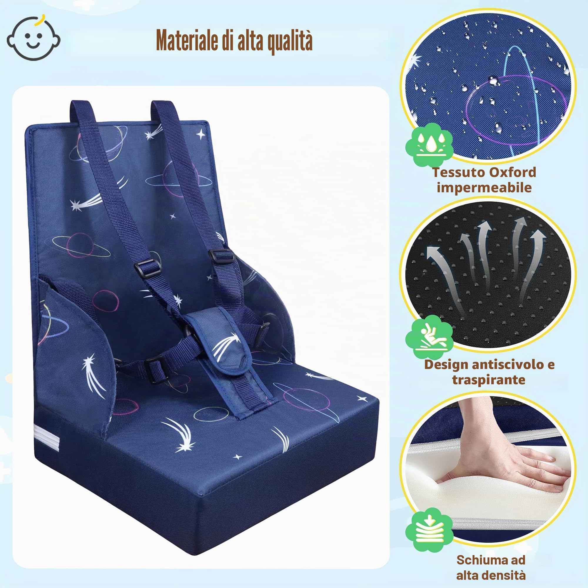 NAIZY Seggiolone rialzo per bambini, con schienale pieghevole e cintura di sicurezza a tre punti, spugne per rialzo della sedia, colore blu