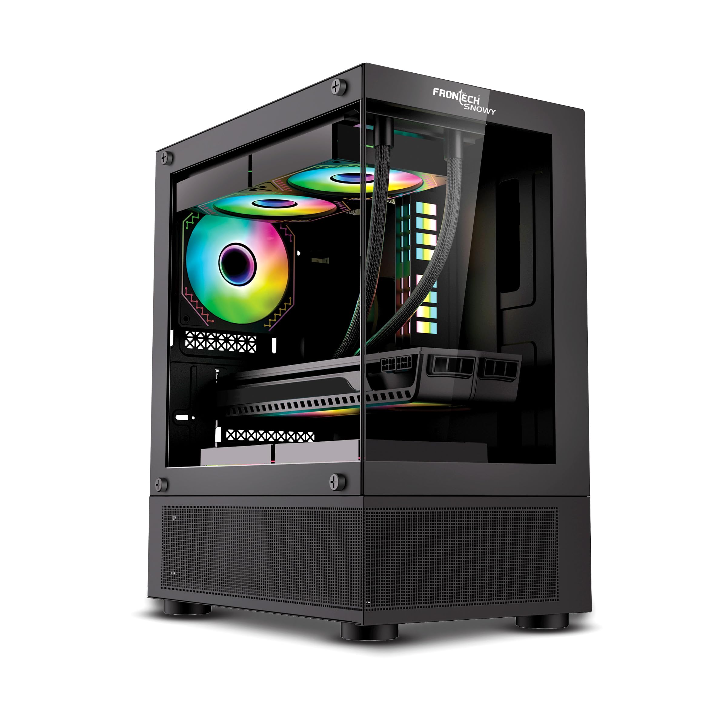 FRONTECH Premium Snowy Gaming Computer Cabinet/Gaming Computer Case with RGB Fan and Tempered Glass - High Performance| USB 1.0| USB 3.0| Washable Dust Filter| HD Audio (FT-4288, Black)