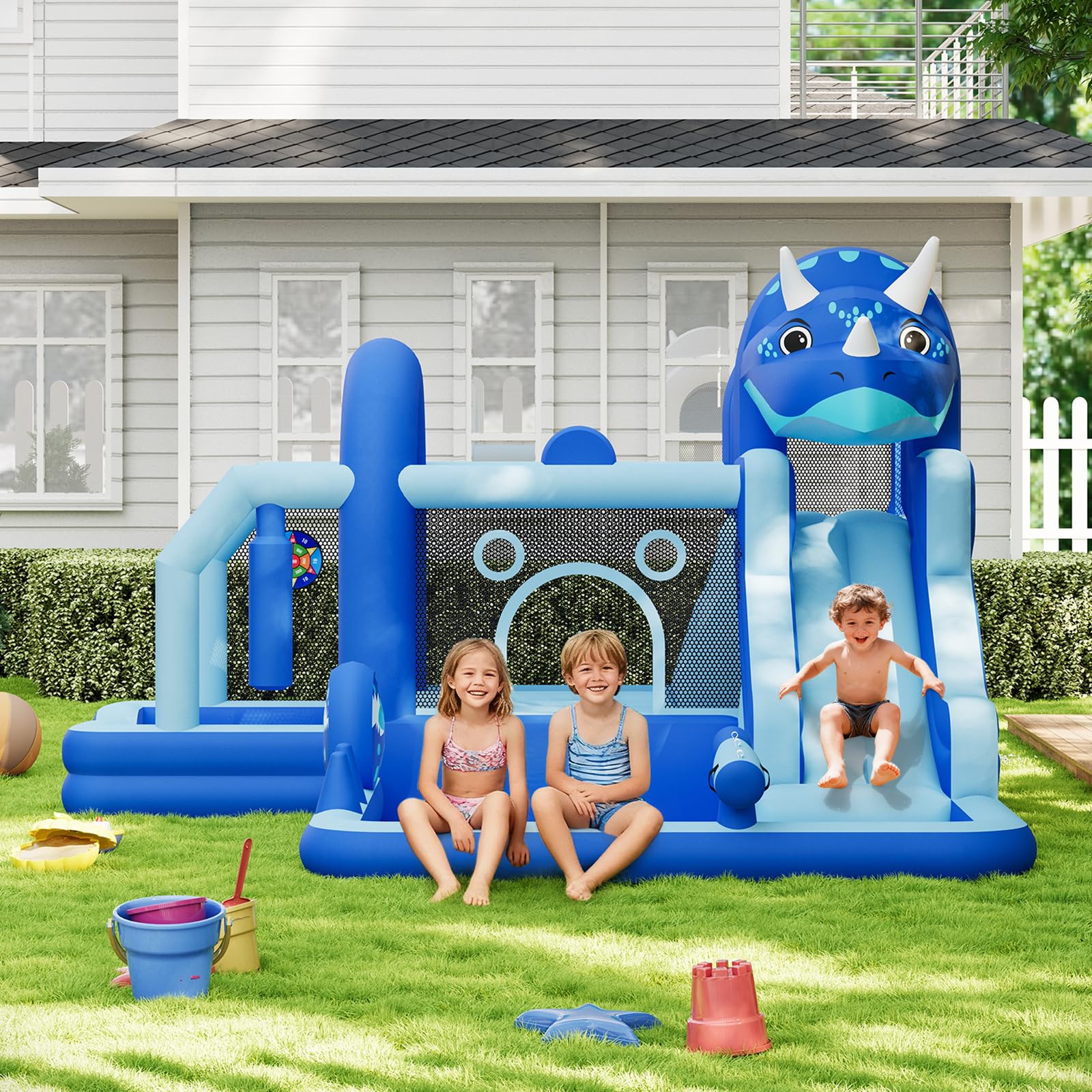 Château Gonflable Structure Dinosaure en Tissu Oxford, Jeux Gonflable Enfant Exterieur, avec Souffleur, Trampoline, Toboggan, Mur d'escalade, Aire De Jeux, pour 3-10 Ans, Capacité 113 kg, Bleu