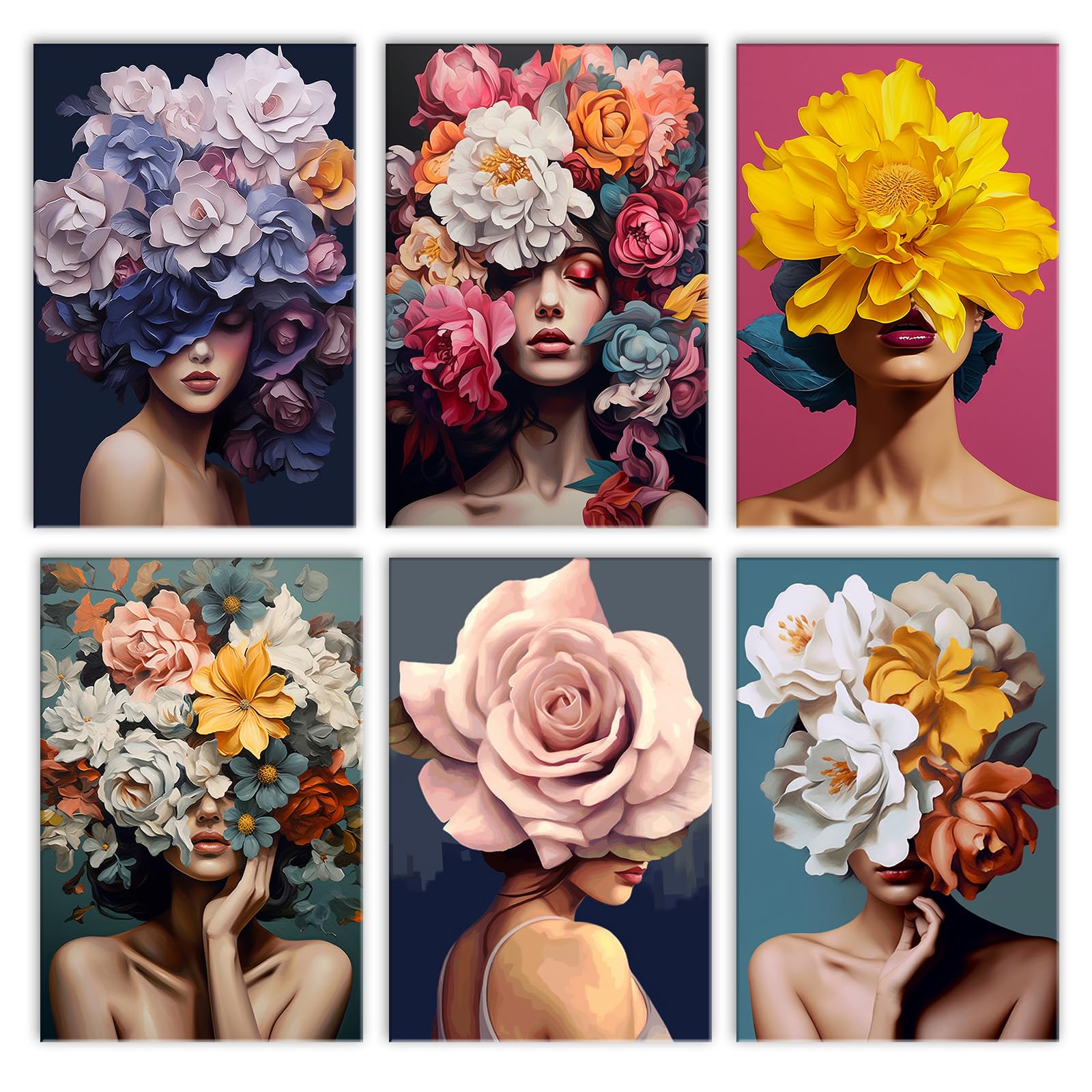 Walarky Woman's Head and Flowers Drawing Fashion Girl Paint by Number Adults Set of 6 Digital Oil Painting Frameless