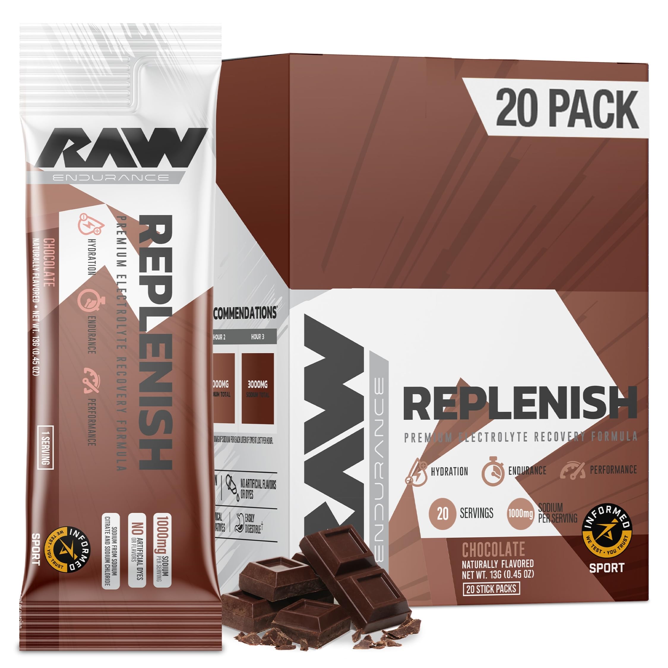 Replenish Packets, Premium Electrolytes Powder Recovery Formula, Chocolate (20 Stick Packs) - Flavored Electrolyte Drink Mix for Hydration, Replenishment, Endurance & Performance Workouts