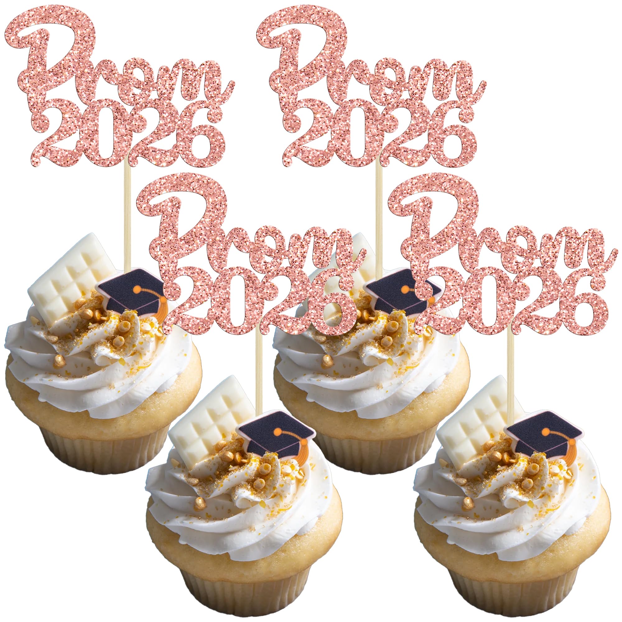 Gyufise 24Pcs Prom Cupcake Toppers Glitter Prom 2026 Graduation Cupcake Picks Class of 2026 Cake Decoration for 2026 Graduation College Prom Party Decorations Rose Gold