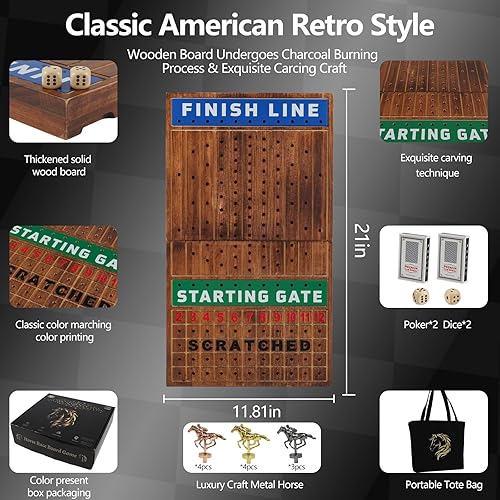 Miniatura 9 de Grhonior Finish LINE - Juego de mesa de carreras de caballos está equipado con 11 tablero de ajedrez de pino grueso de caballos de metal de lujo,