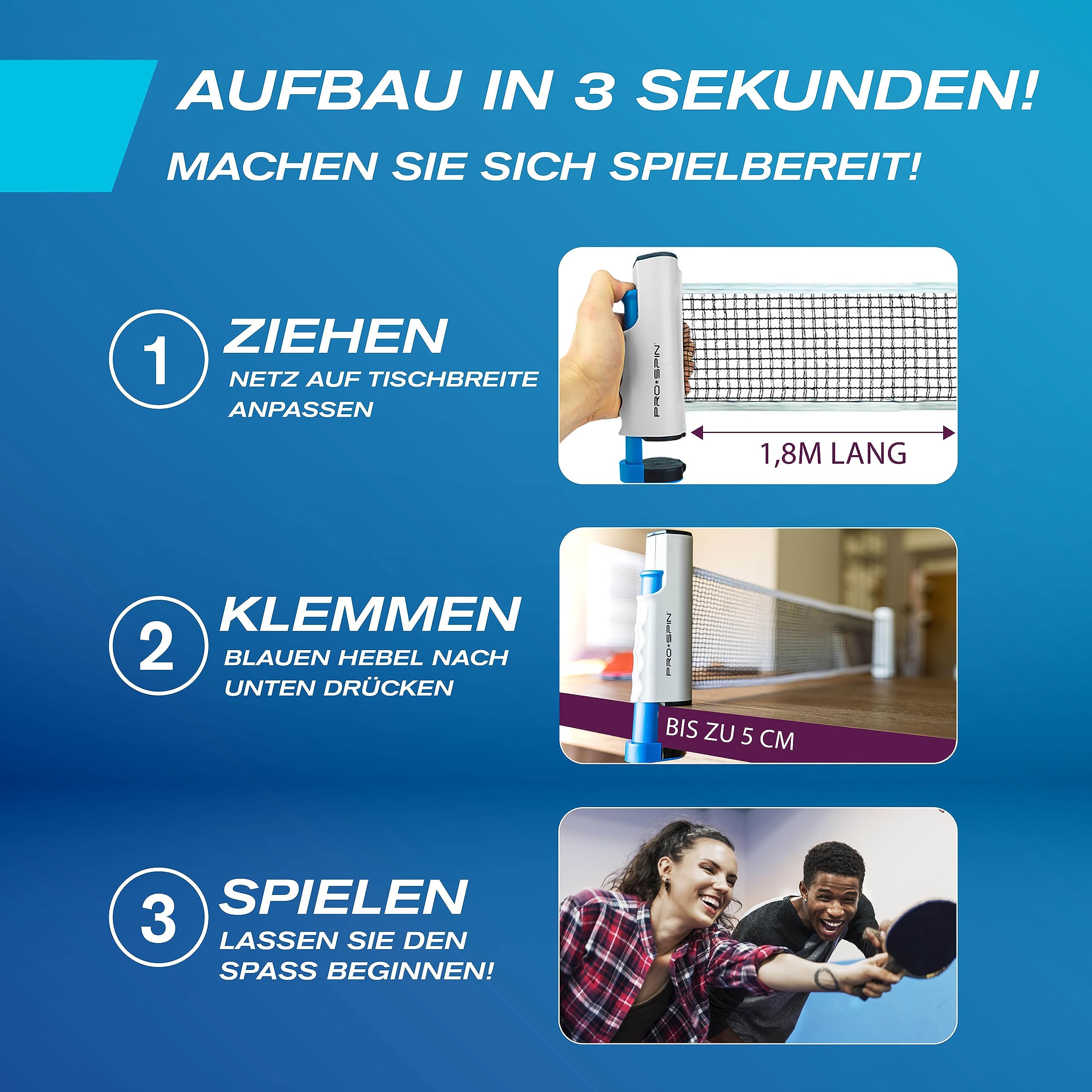 PRO-SPIN Tischtennisschläger Set - Mit Tischtennisnetz Für Jeden Tisch, Tischtennis bälle 3-Sterne, Tasche/Hülle | Ausziehbares Mobiles Tischtennis Netz | Tolles Geschenk & Spiele
