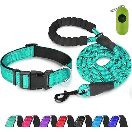 Dynmeow Reflective Dog Collar and Leash Set, 6FT Strong Climbing Rope Leash with Padded Handle, Adjustable Pet Collar with Soft Neoprene Padding for Large Dogs (Teal,L)